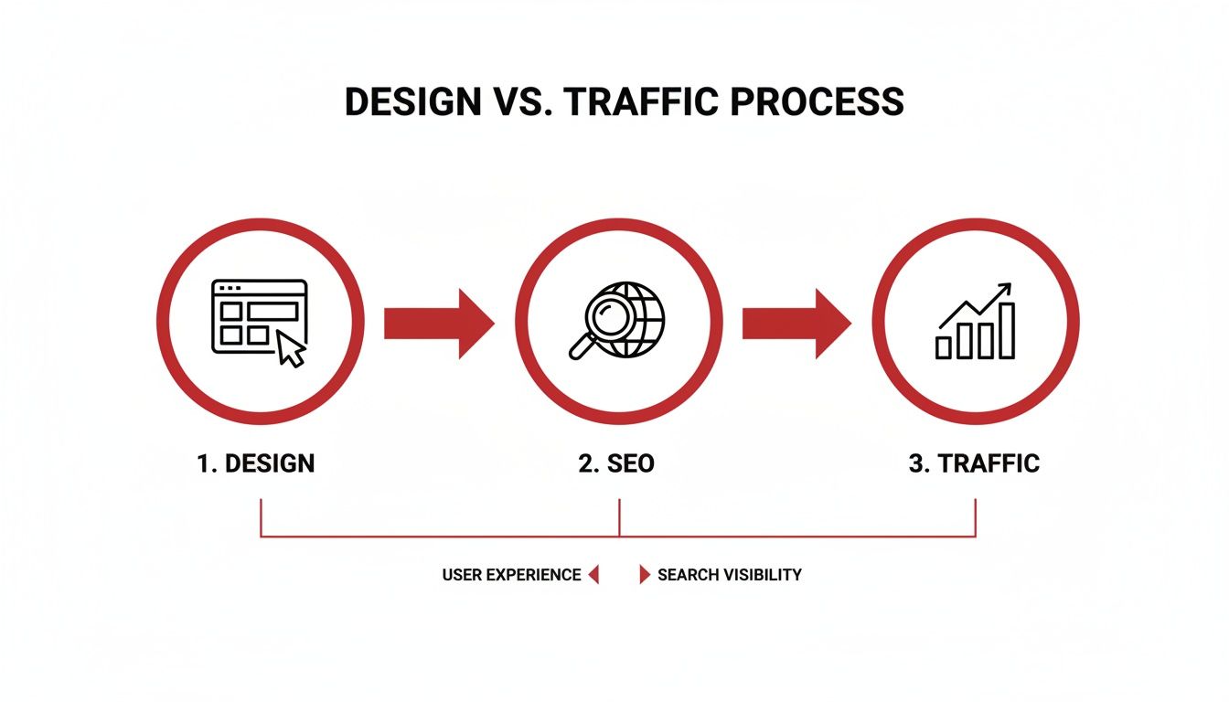 Infographic showing website design, SEO, and traffic generation process with user experience and search visibility.