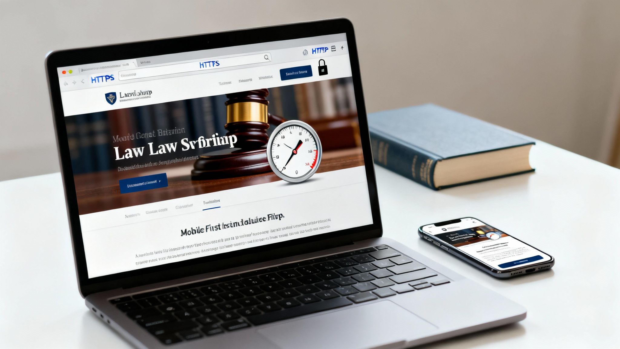 Laptop displaying a legal website with a gavel, gauge, book, and smartphone on a desk.