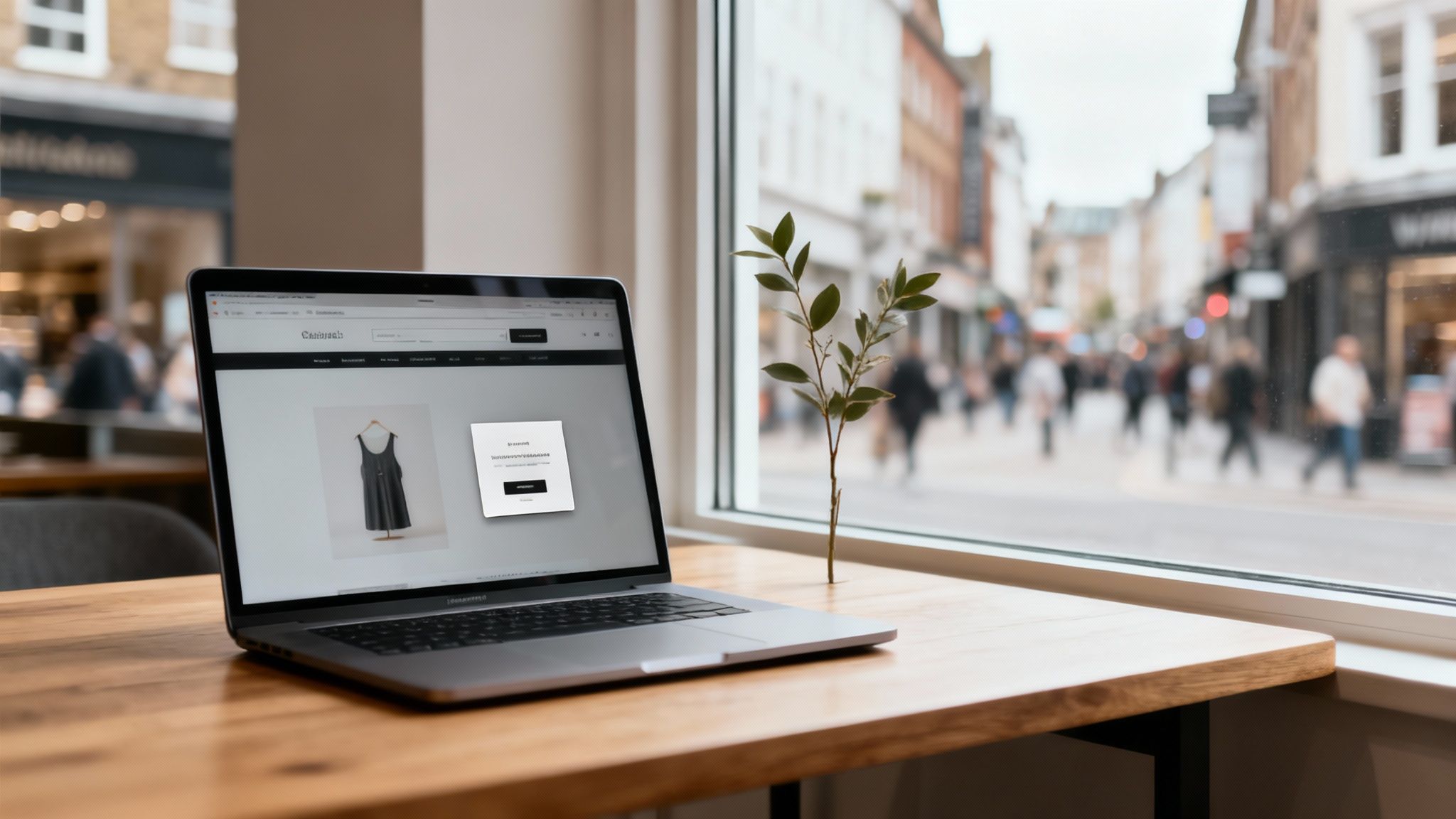 A person working on an ecommerce website on their laptop, with charts and graphs indicating growth in the background.