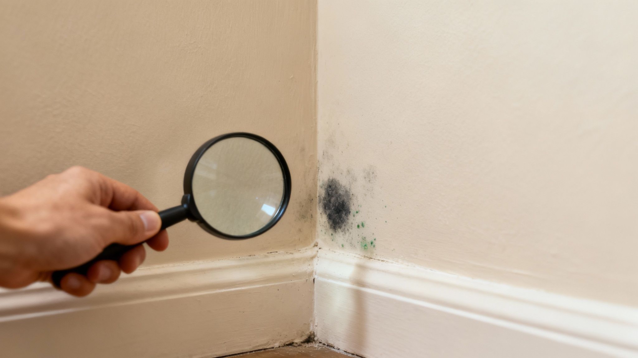 A close-up of dark mould growing in a white wall corner, showing its texture.