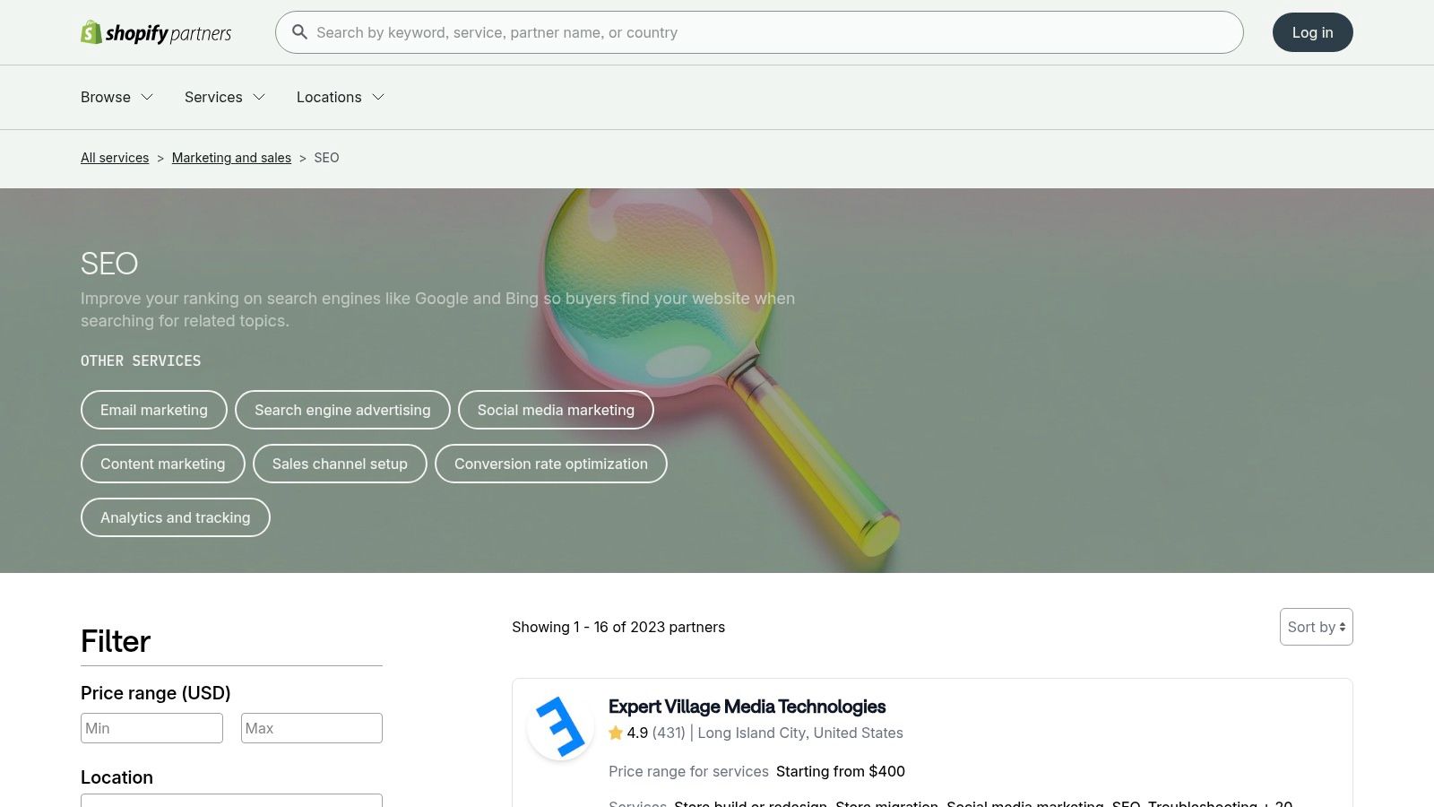 Shopify Partner Directory showing a list of ecommerce SEO agencies