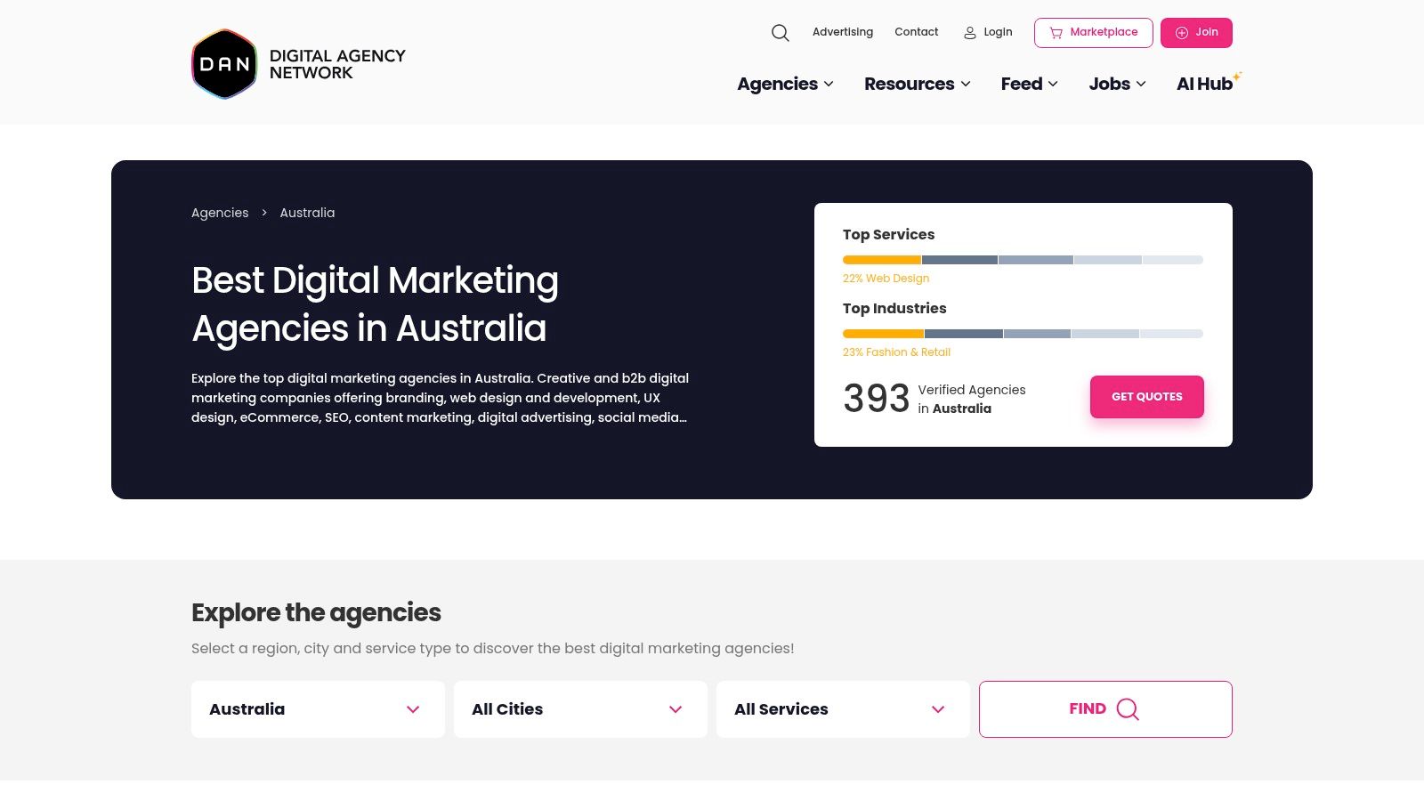 Digital Agency Network user interface showing a list of digital marketing agencies