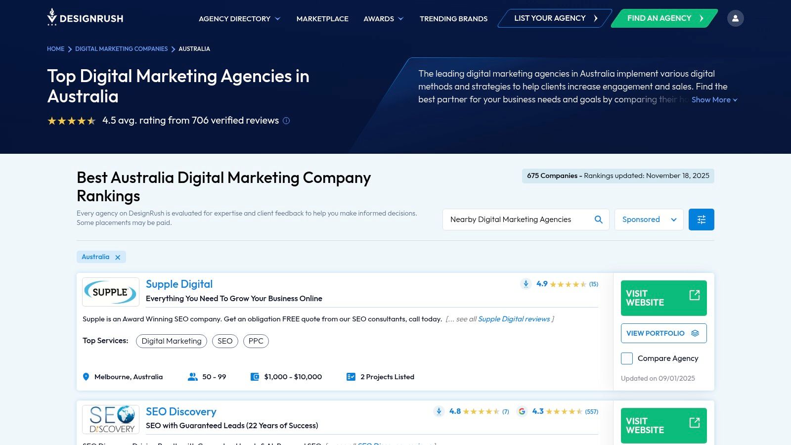 DesignRush interface showcasing a list of digital marketing agencies in Australia