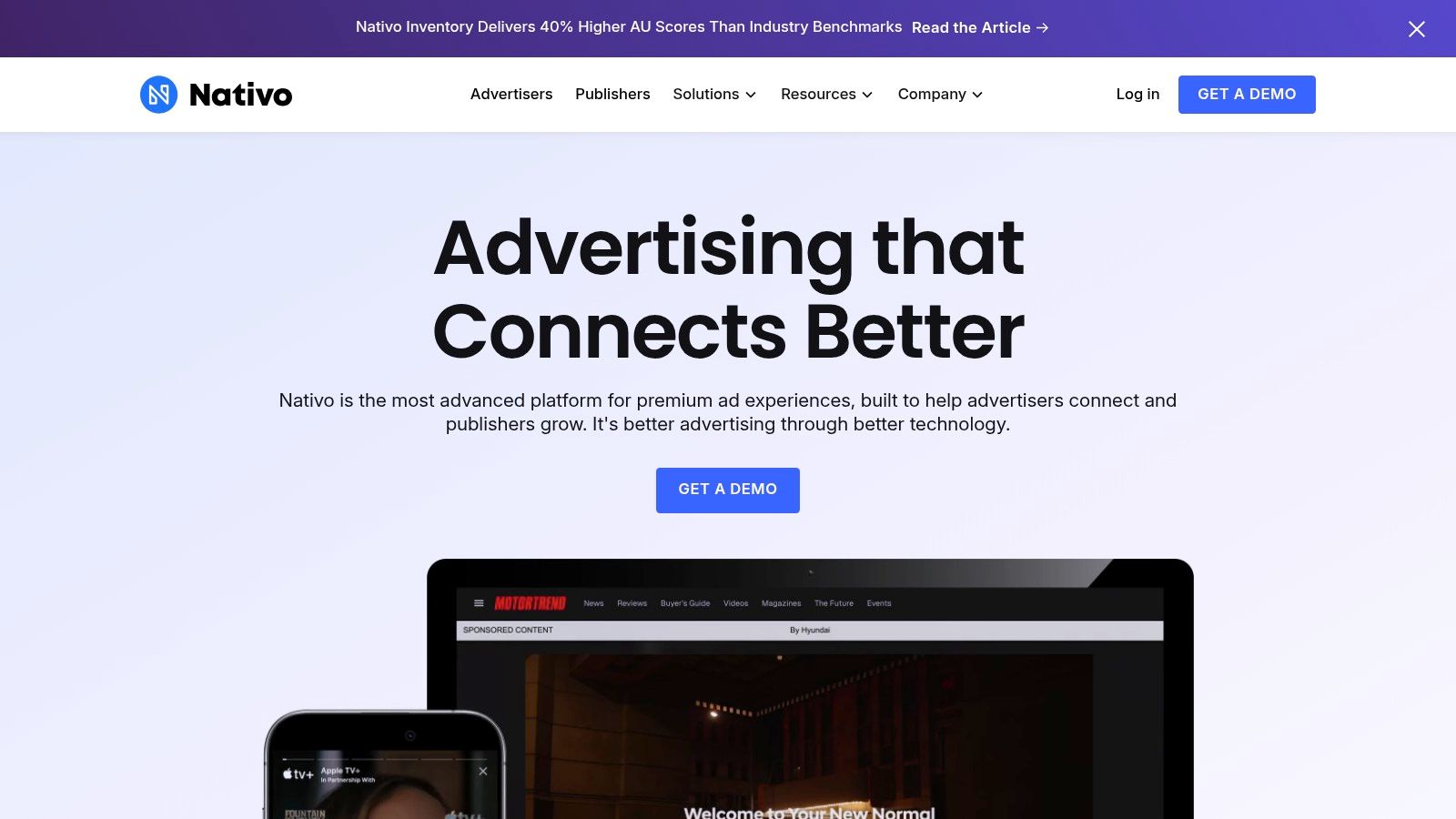 Nativo's website showcasing its native advertising platform for brands and publishers.