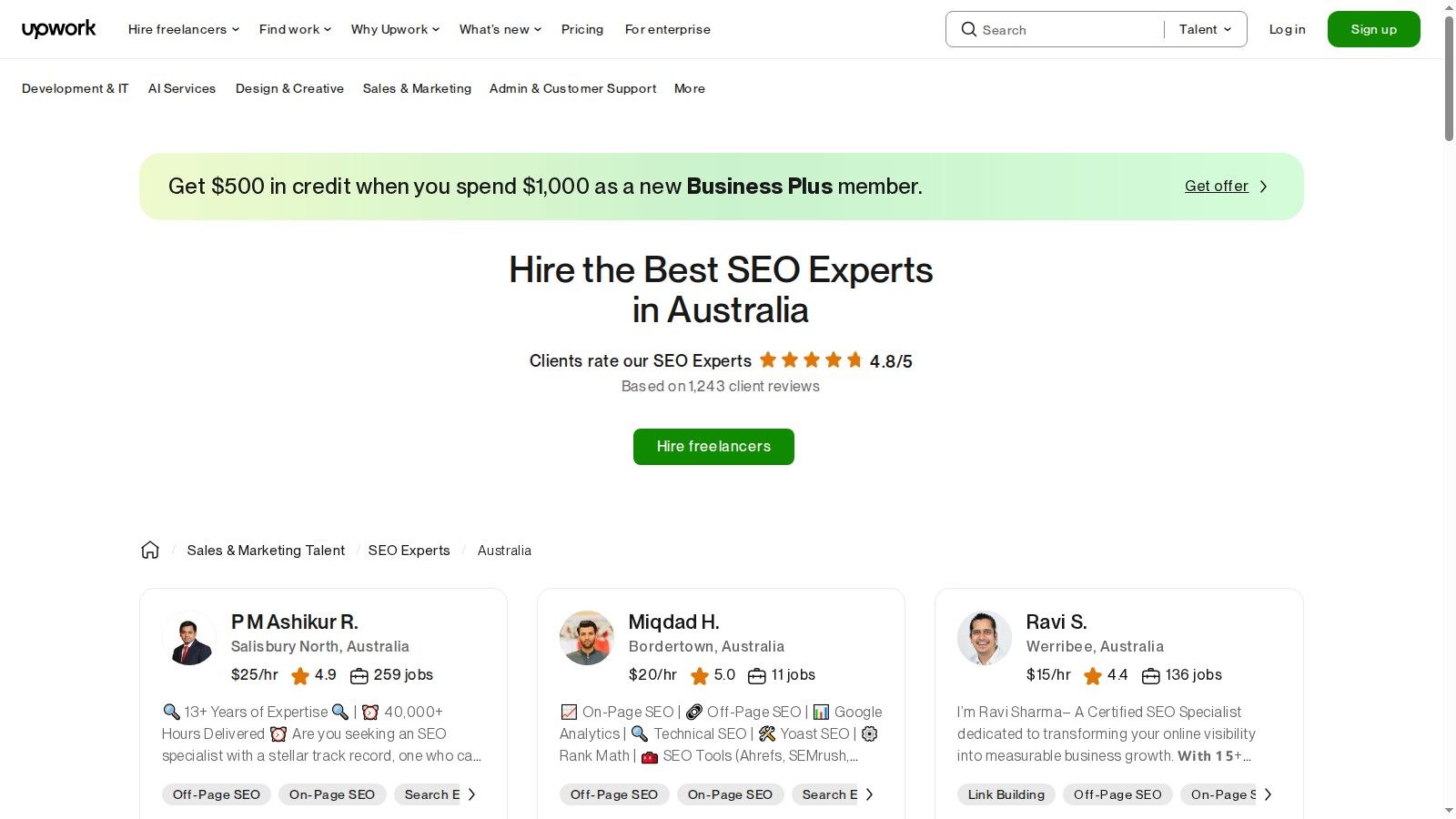 Upwork interface showing profiles of ecommerce SEO experts in Australia