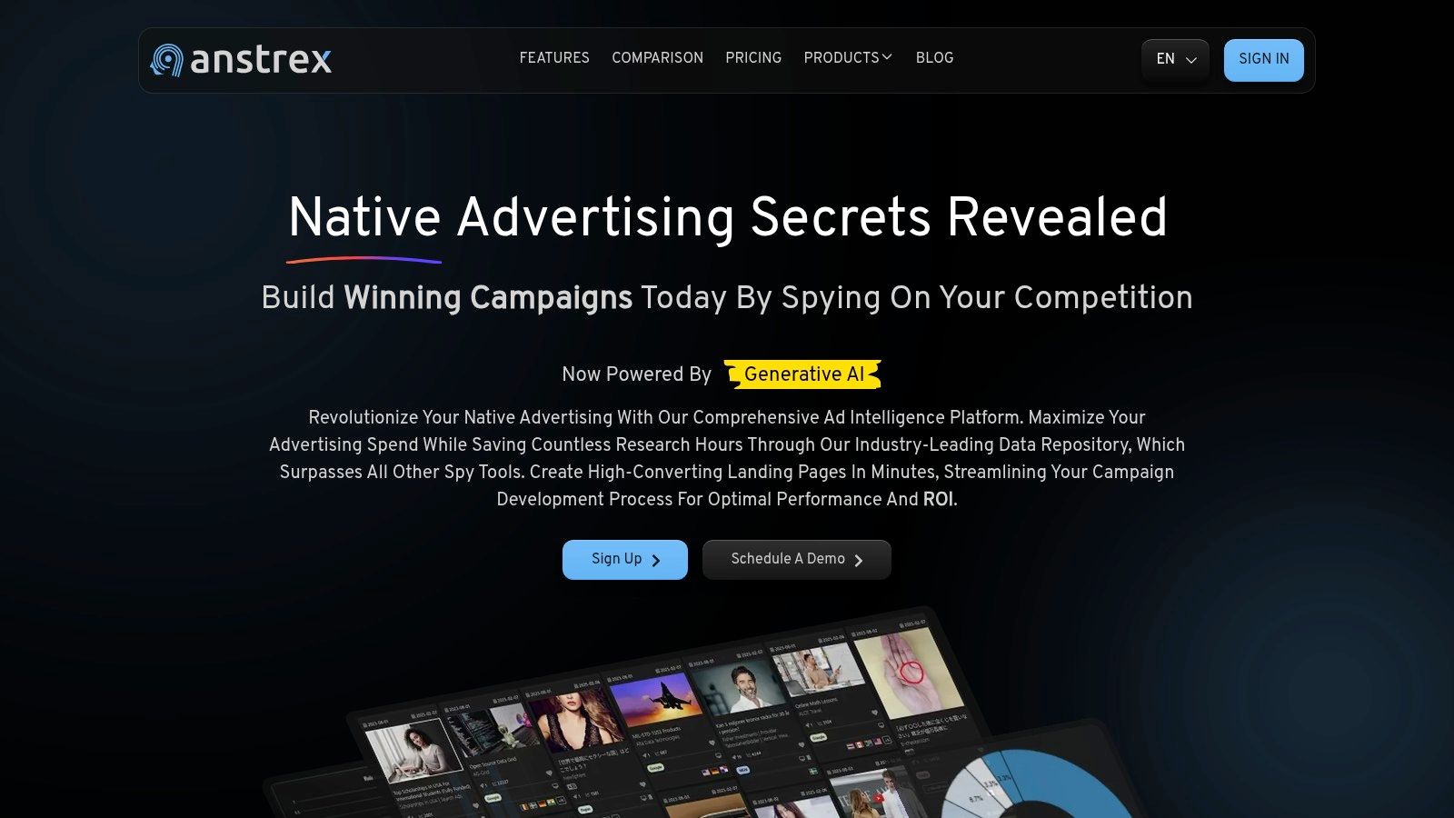 Anstrex user interface showing a dashboard of native advertising examples.