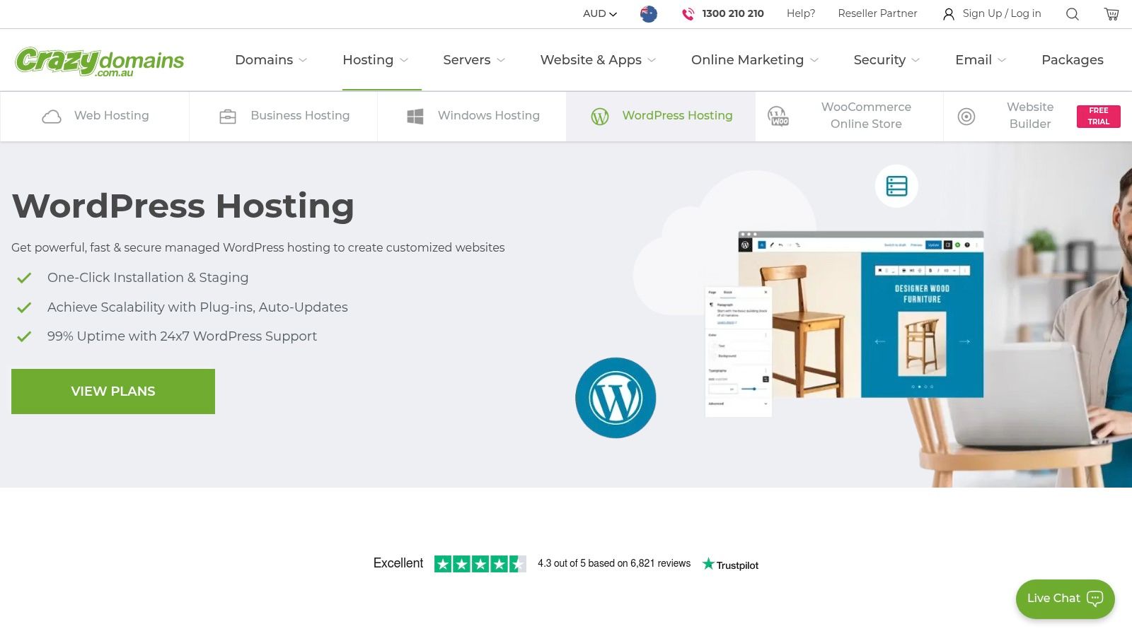 Crazy Domains WordPress hosting plans interface