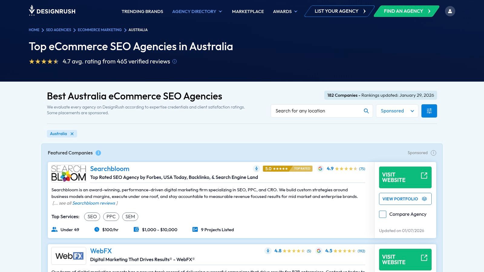 DesignRush showcasing ecommerce SEO agencies