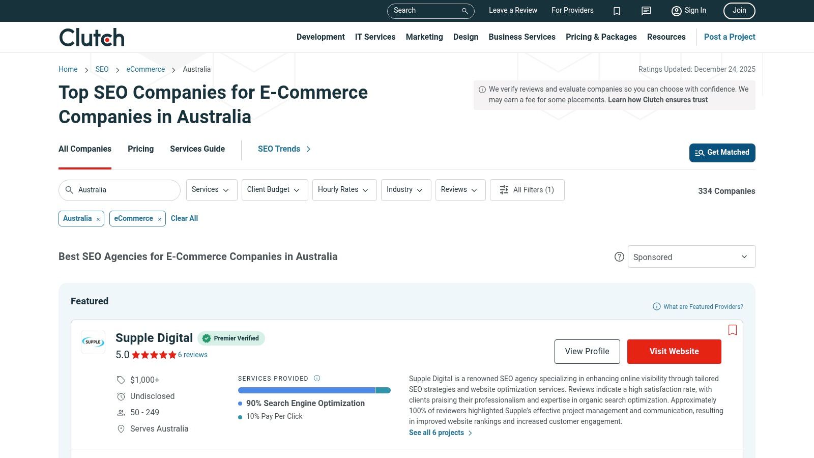 Clutch interface showing ecommerce SEO companies