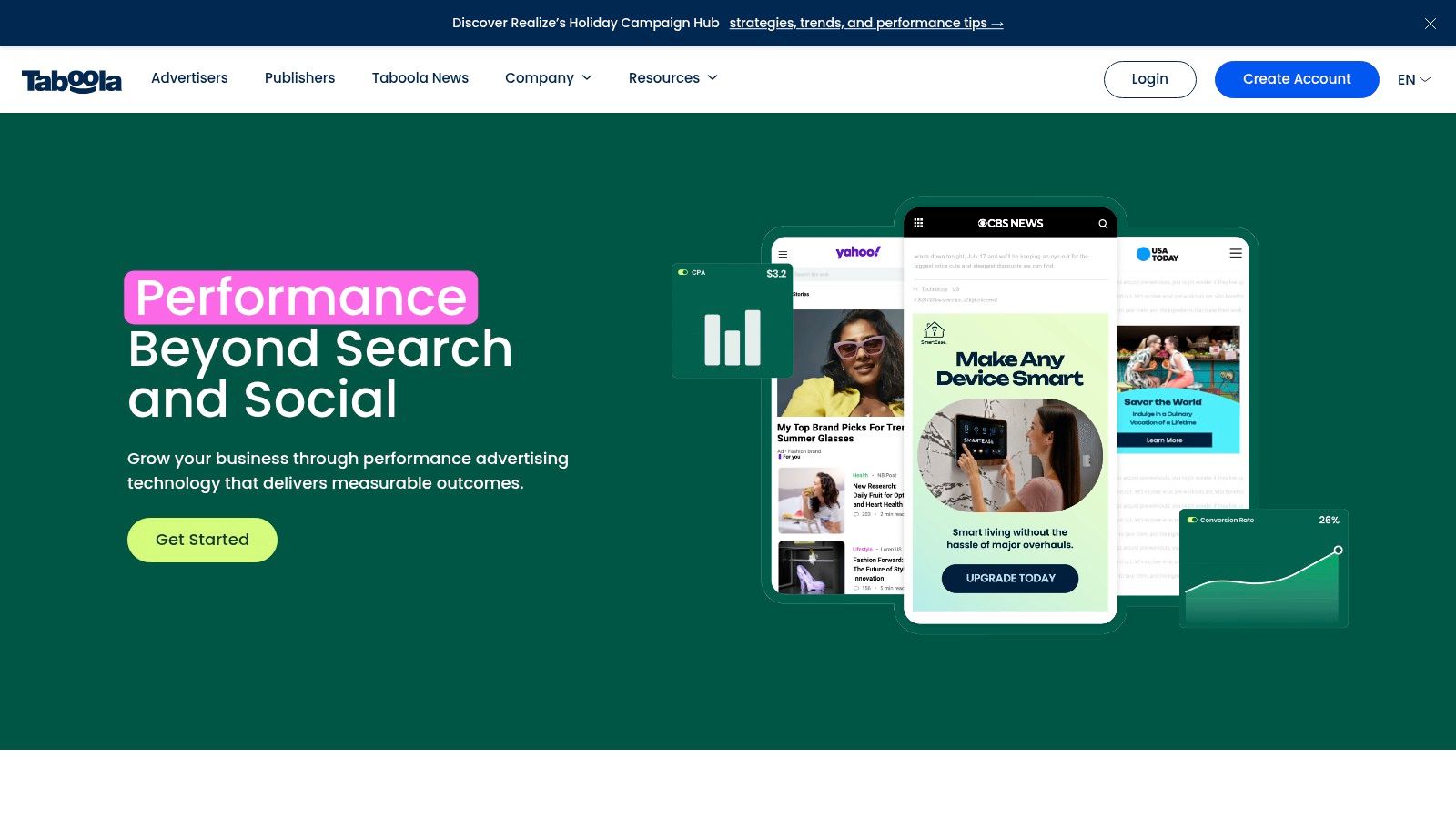 The Taboola for Advertisers homepage, showcasing its features and publisher network.