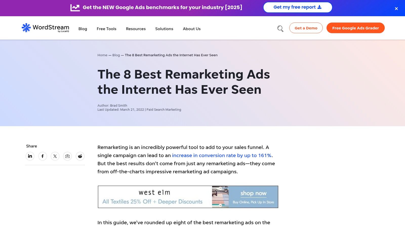 WordStream's blog post featuring eight of the best remarketing ads