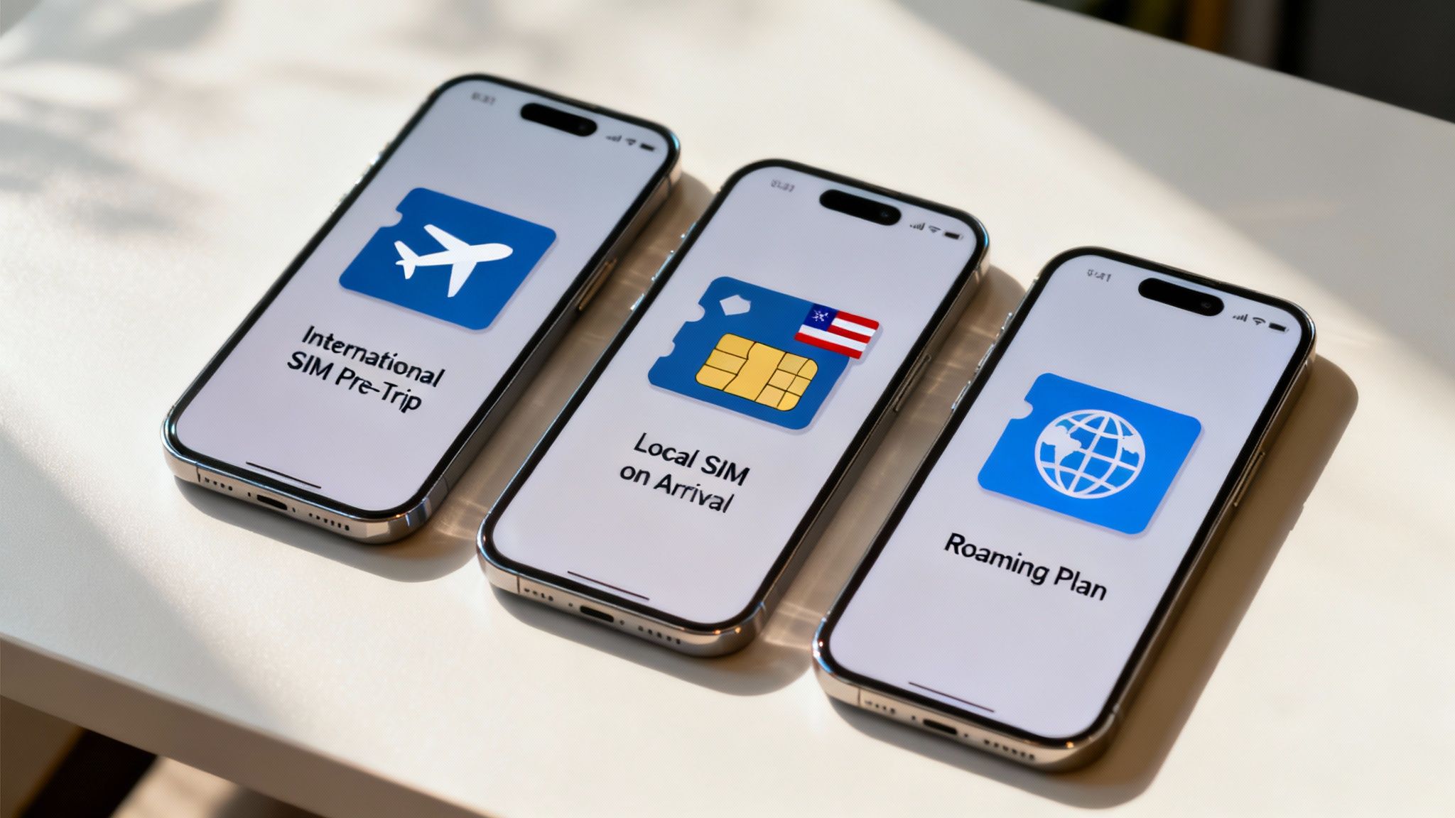Three hands holding different smartphones, each displaying a map of a different country, symbolising various travel connectivity choices.