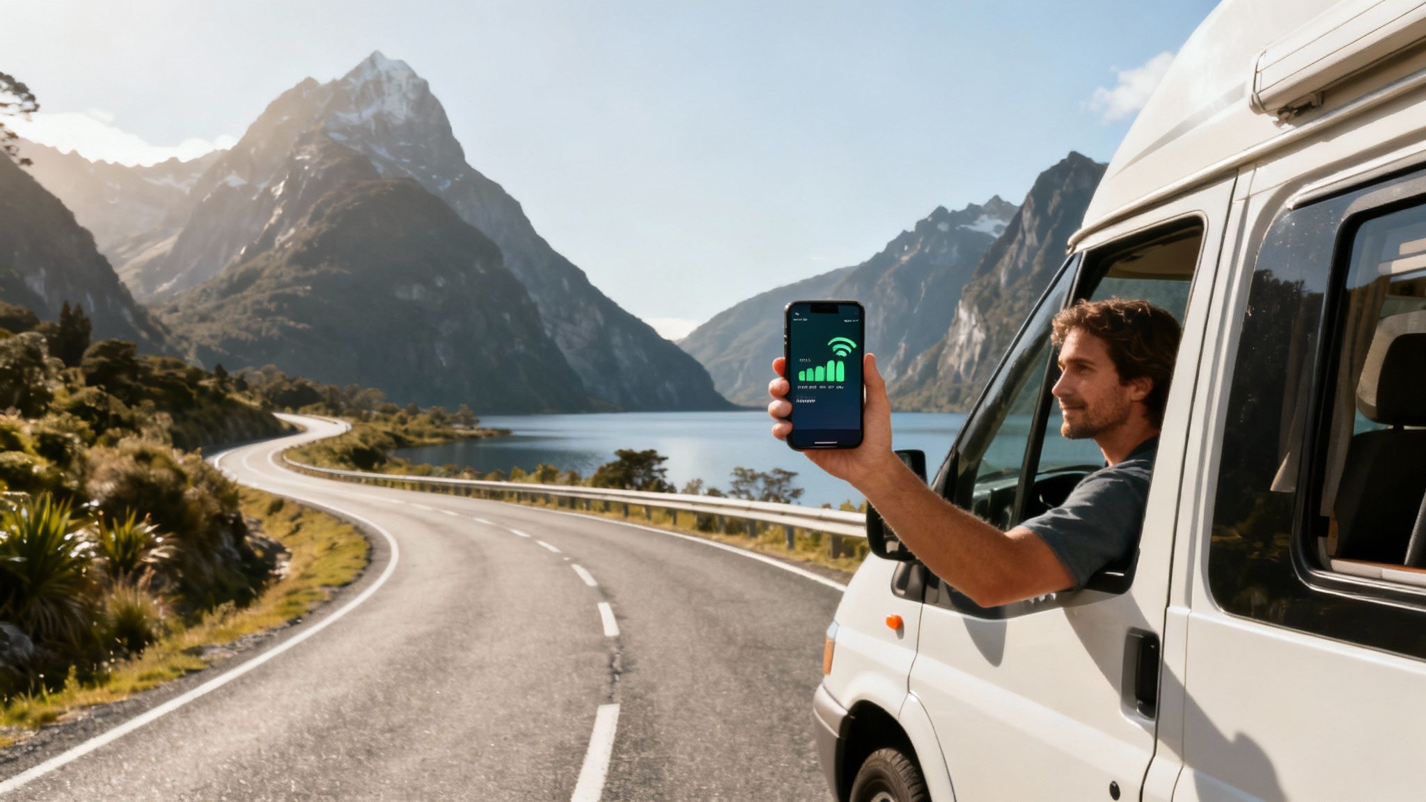 A person holding a smartphone with a beautiful New Zealand landscape in the background