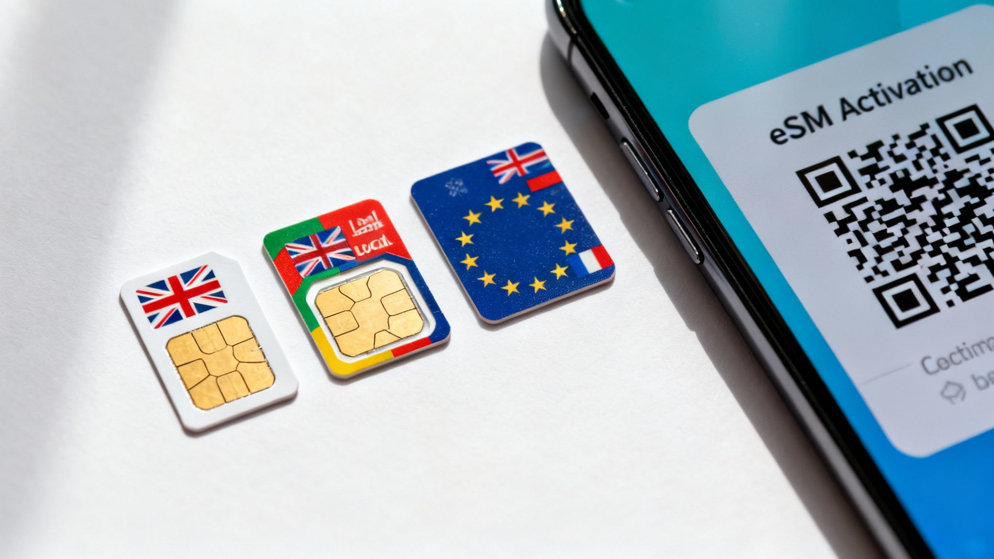 A person's hands holding a smartphone with different SIM cards displayed on the screen.