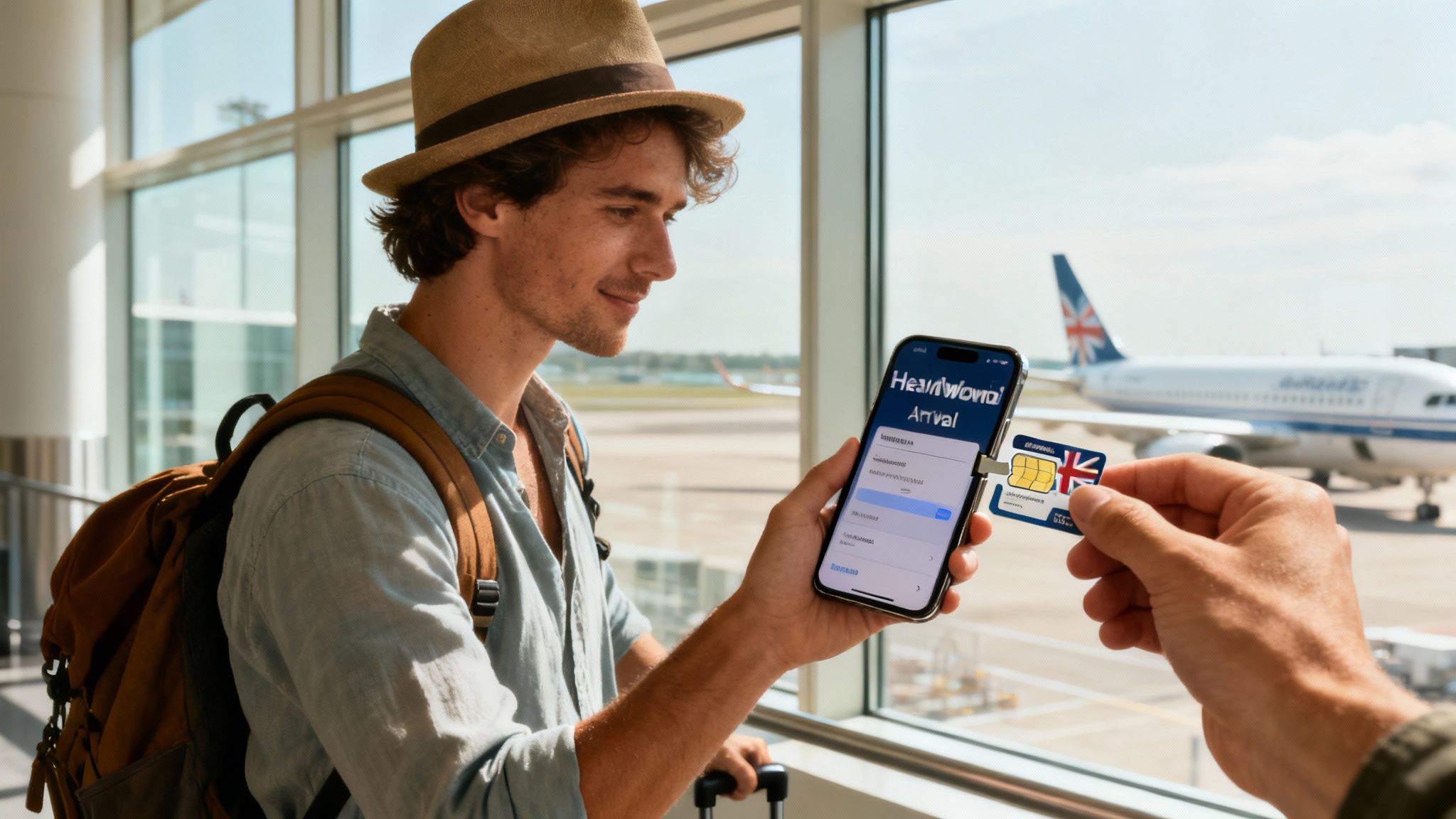 A person holding a smartphone with a UK prepaid SIM card displayed on the screen, ready for travel.