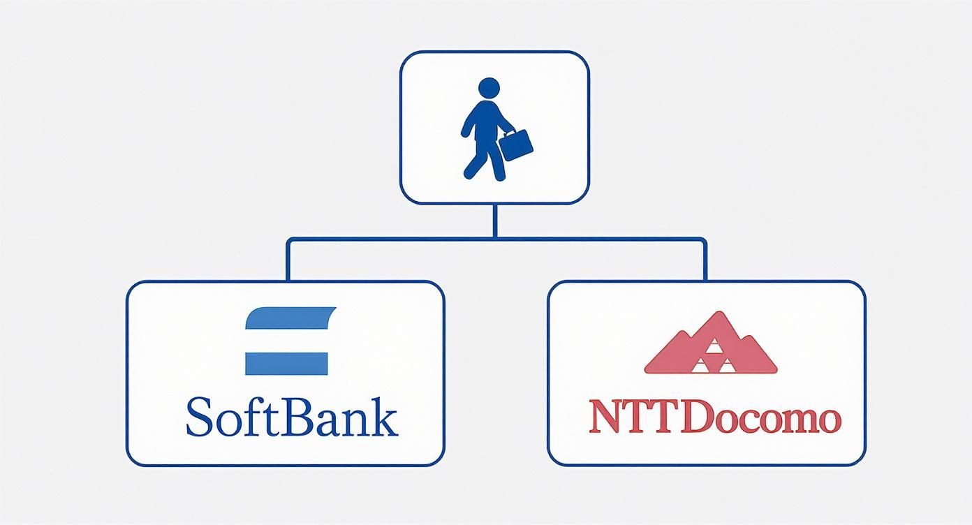 An infographic decision tree showing a traveler icon at the top. A branch to the left points to a cityscape icon for Tokyo/Urban areas, leading to the SoftBank logo. A branch to the right points to a mountain icon for Rural/Nationwide travel, leading to the NTT Docomo logo.