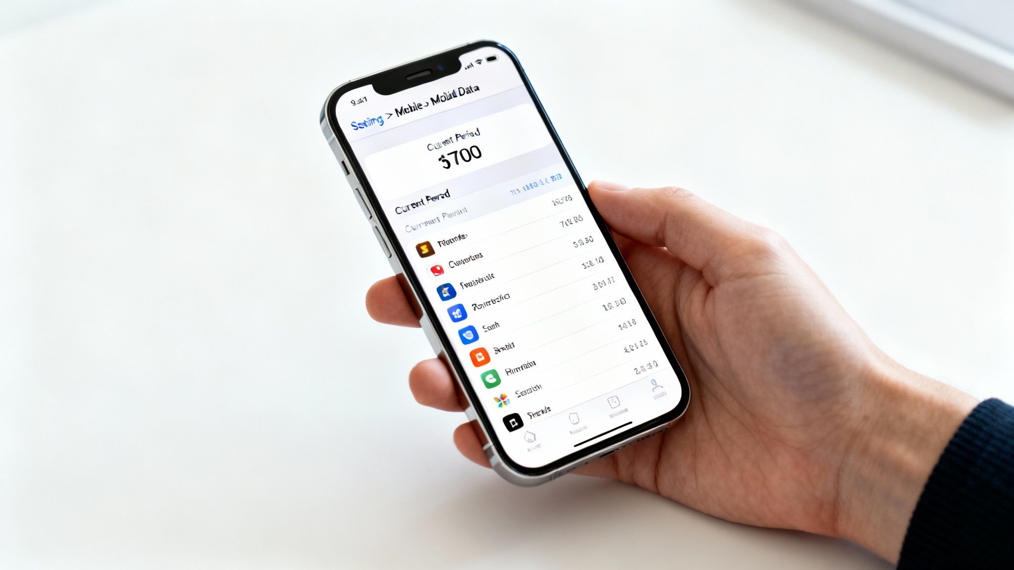 An iPhone screen displaying the Mobile Data settings page, showing the list of apps and their data consumption.