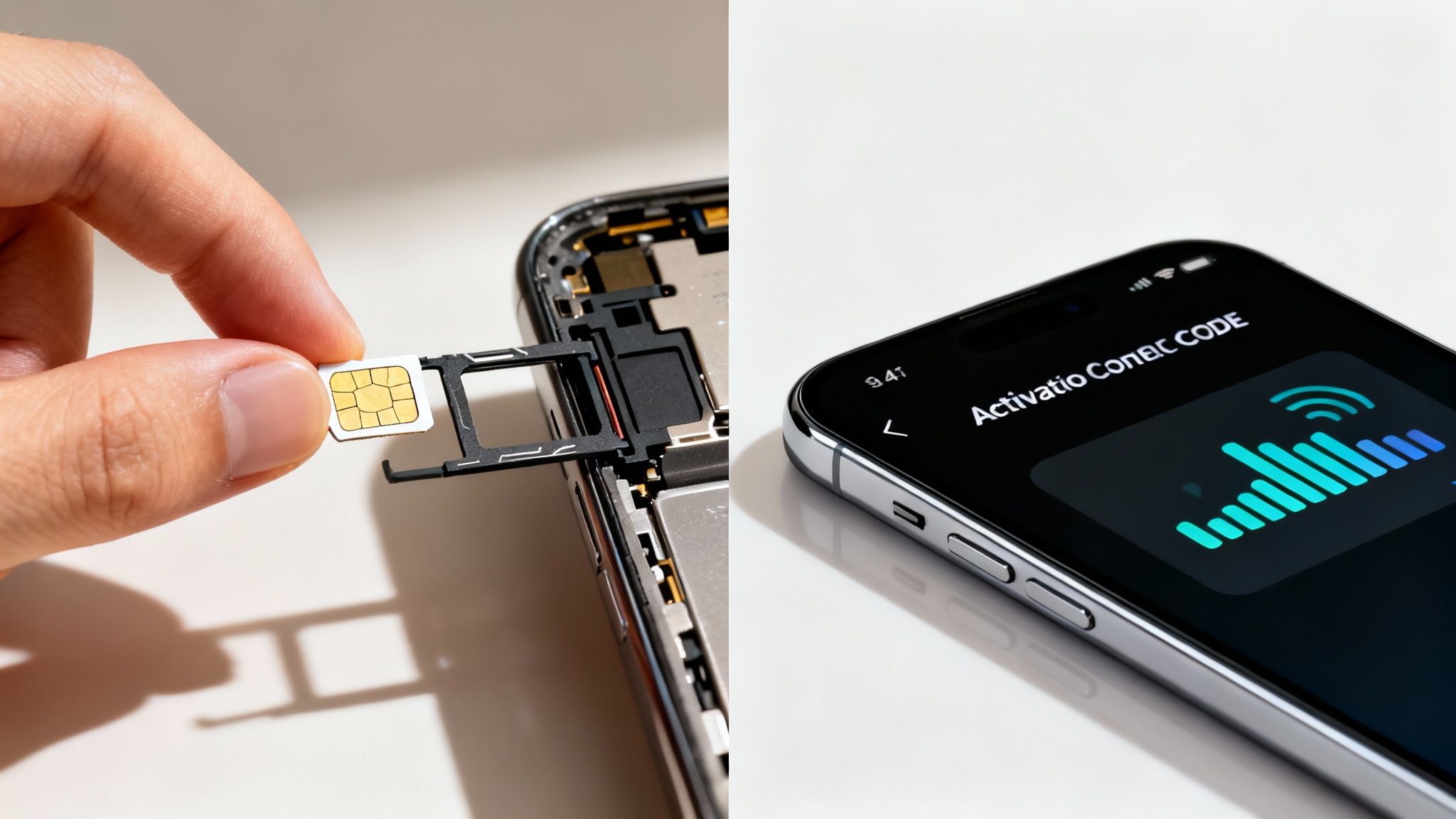 A person holding both a physical SIM card and a phone displaying an eSIM QR code.