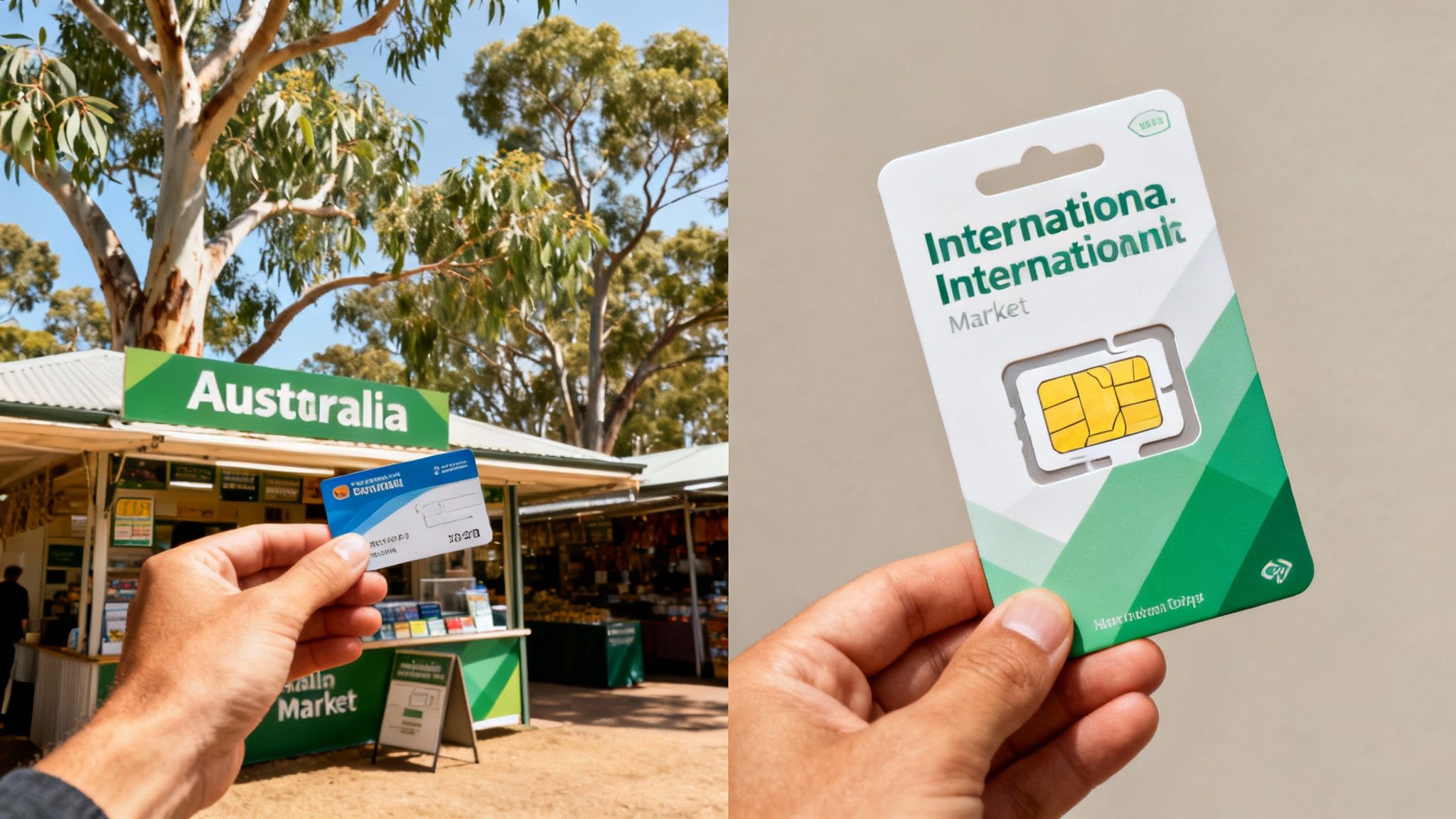 A person comparing two SIM cards in their hand, with a blurred background of an Australian landmark like the Sydney Opera House.