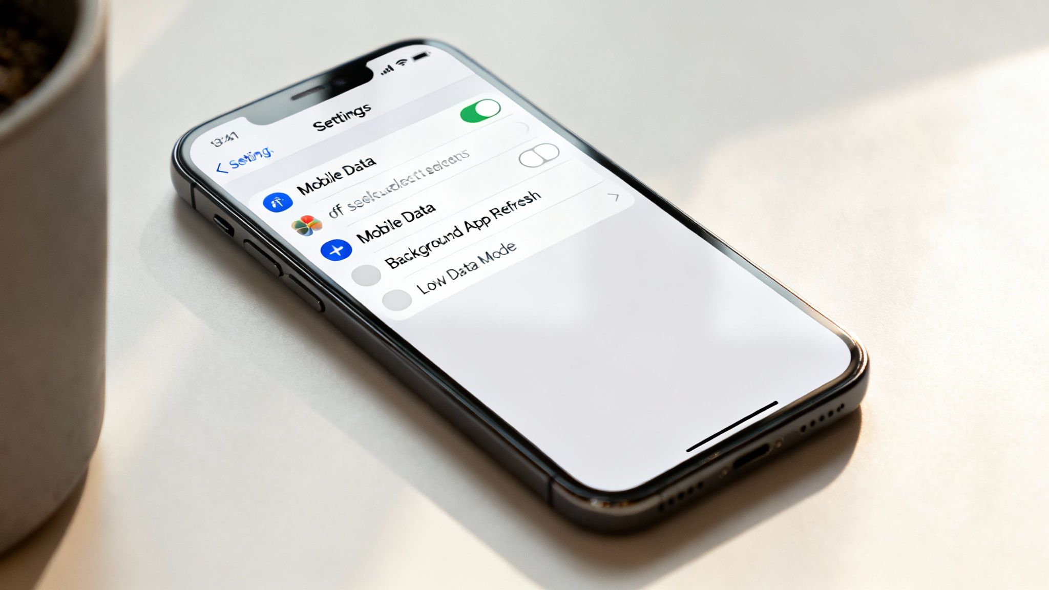 A person sitting on a couch, focused on their iPhone, with a calm expression.