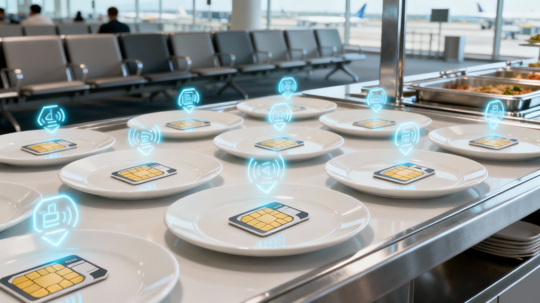 A person sitting on a colourful suitcase while using their phone, representing travel connectivity.