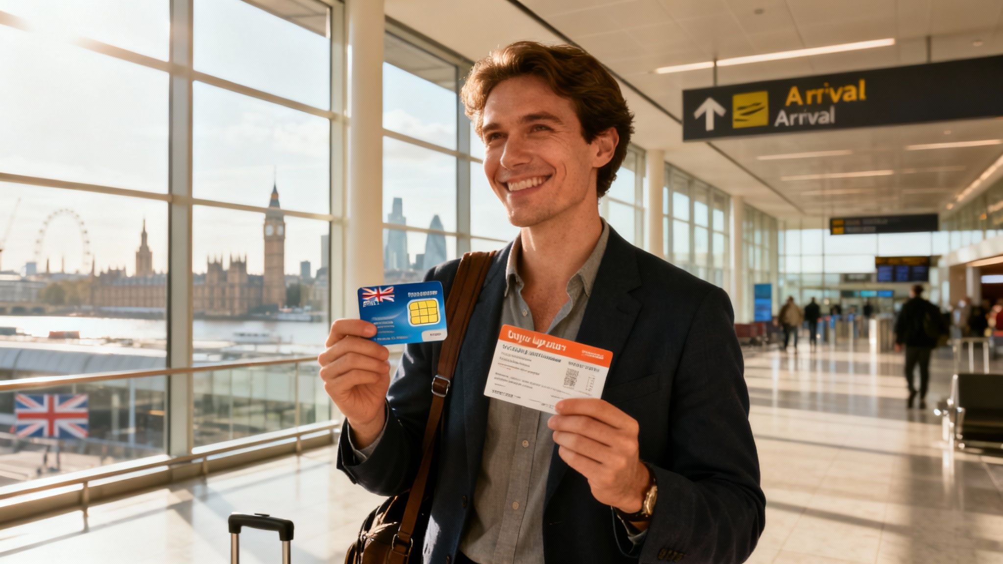 A person holding a smartphone with a UK prepaid SIM card ready for insertion.