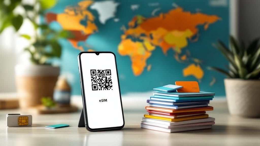 A woman holding a smartphone displaying an eSIM QR code, ready for international travel.