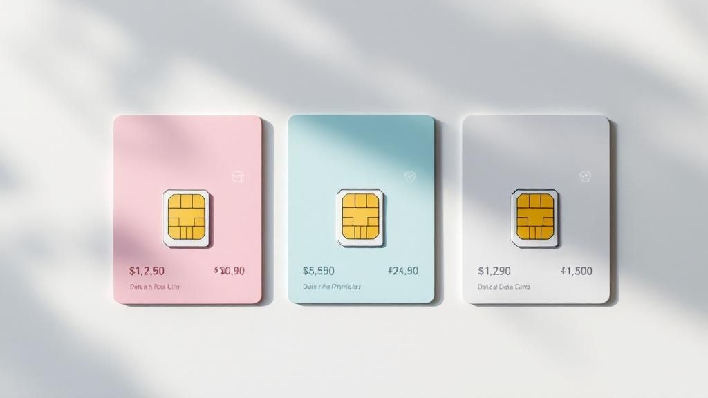 A traveler setting up their phone for international use, with a SIM card tool and a QR code visible.