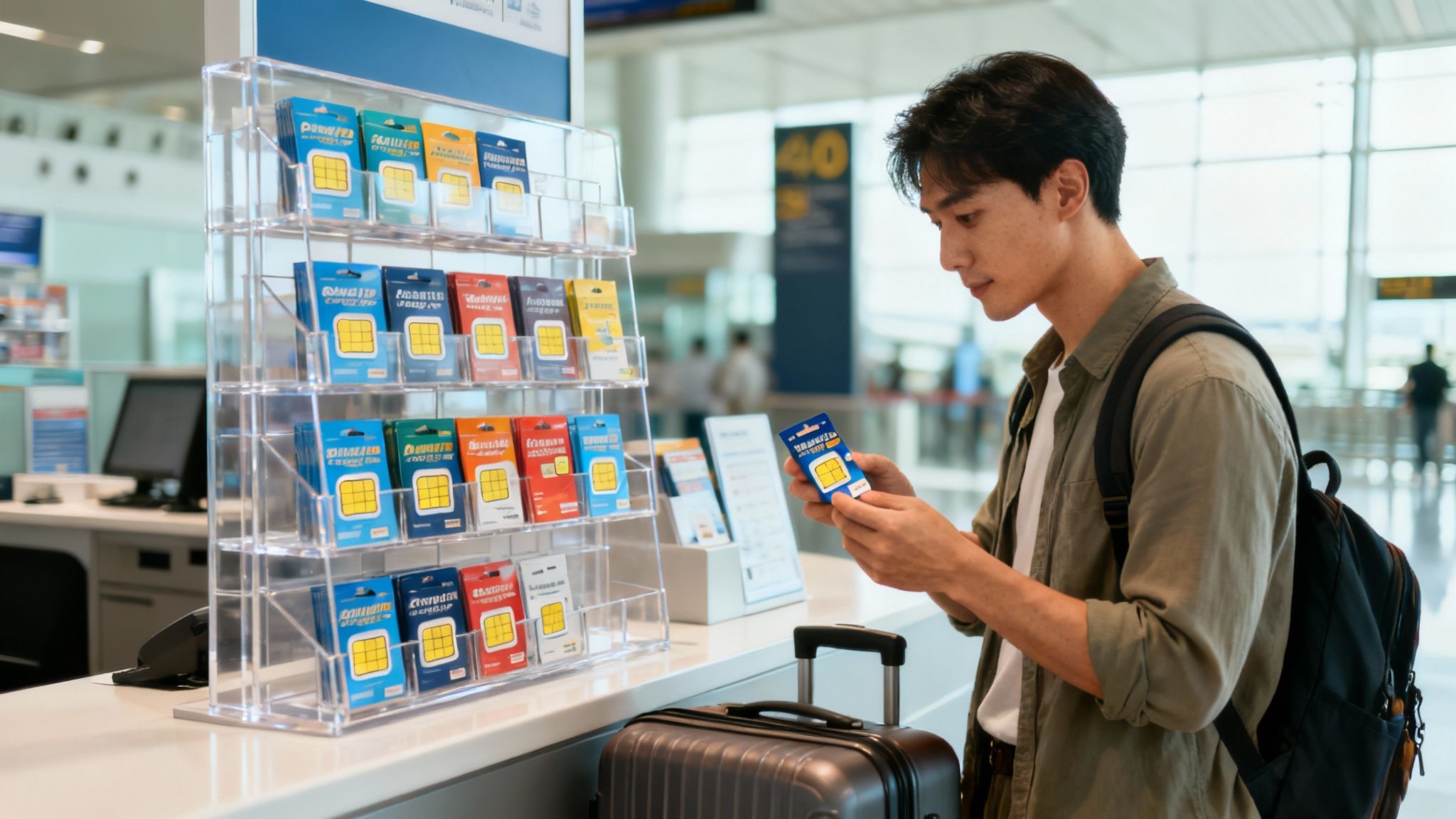 People at an airport terminal looking at their phones and a kiosk.