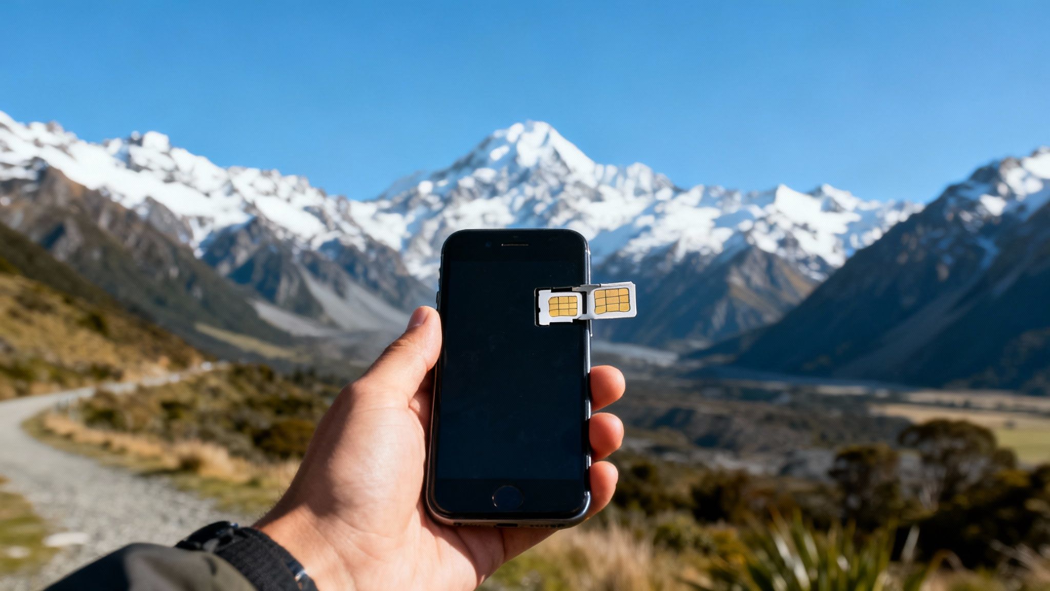Two people taking a selfie with beautiful New Zealand mountains in the background