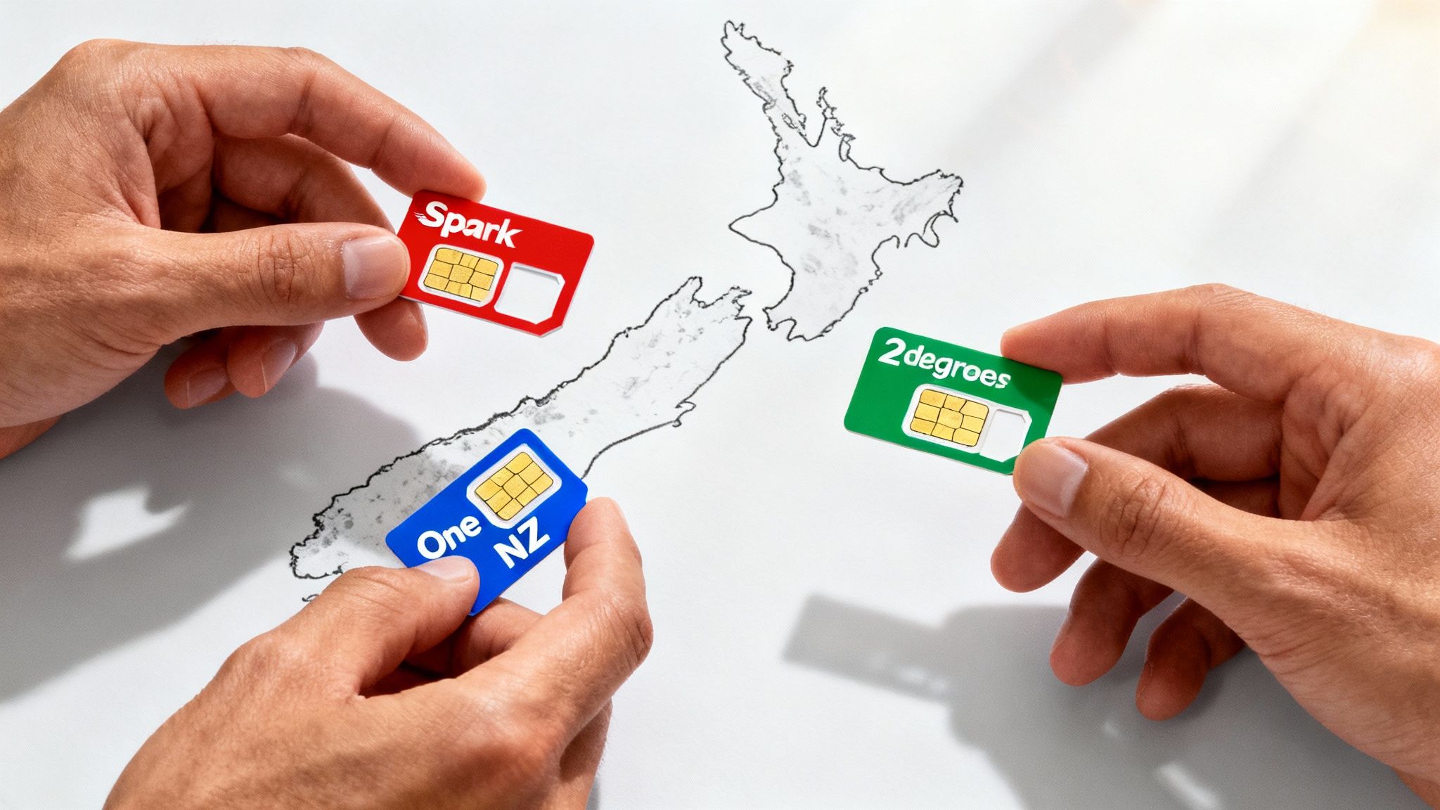 Three different SIM cards laid out on a map of New Zealand