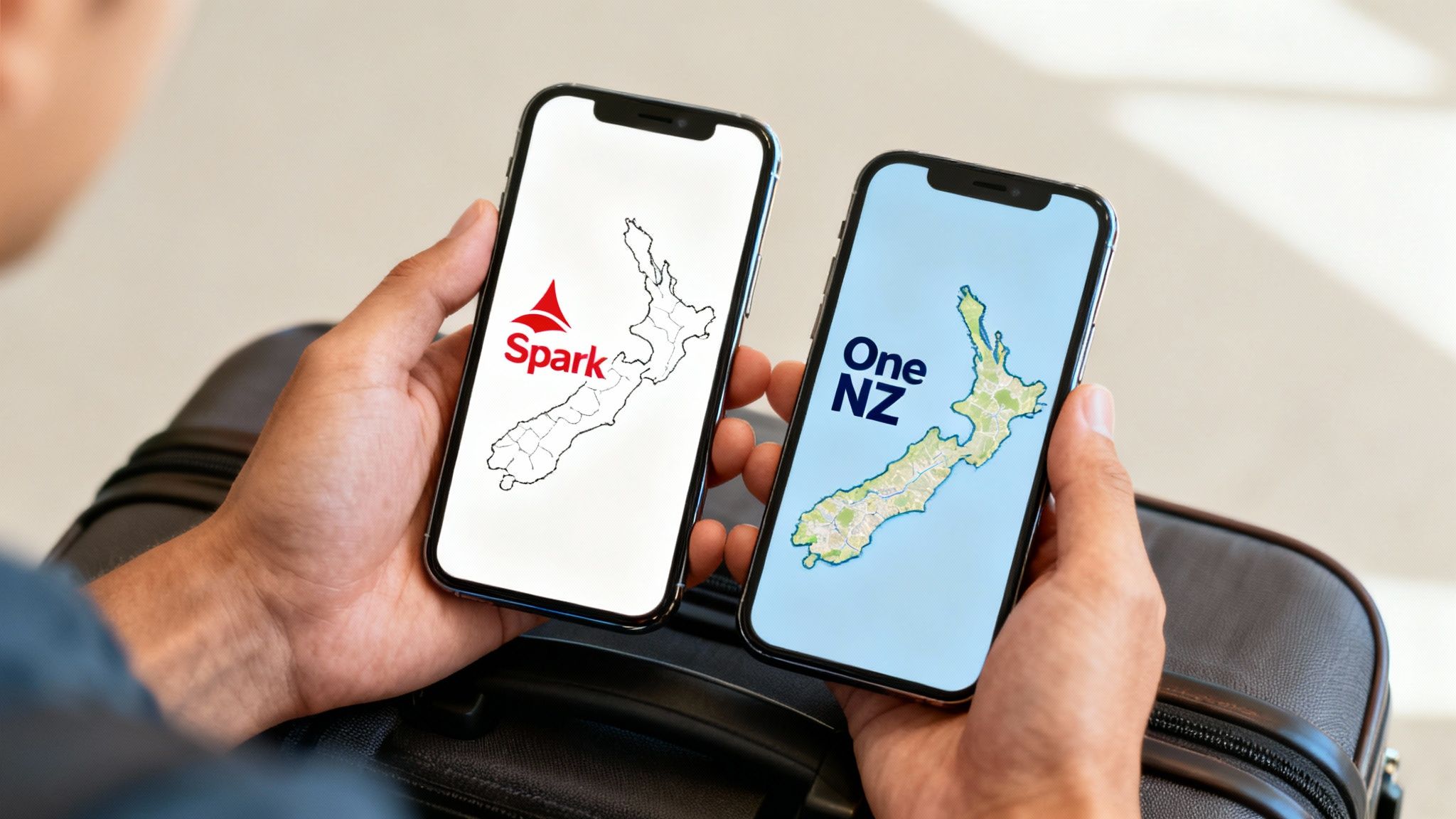 Tourists checking their phones with a scenic New Zealand landscape in the background