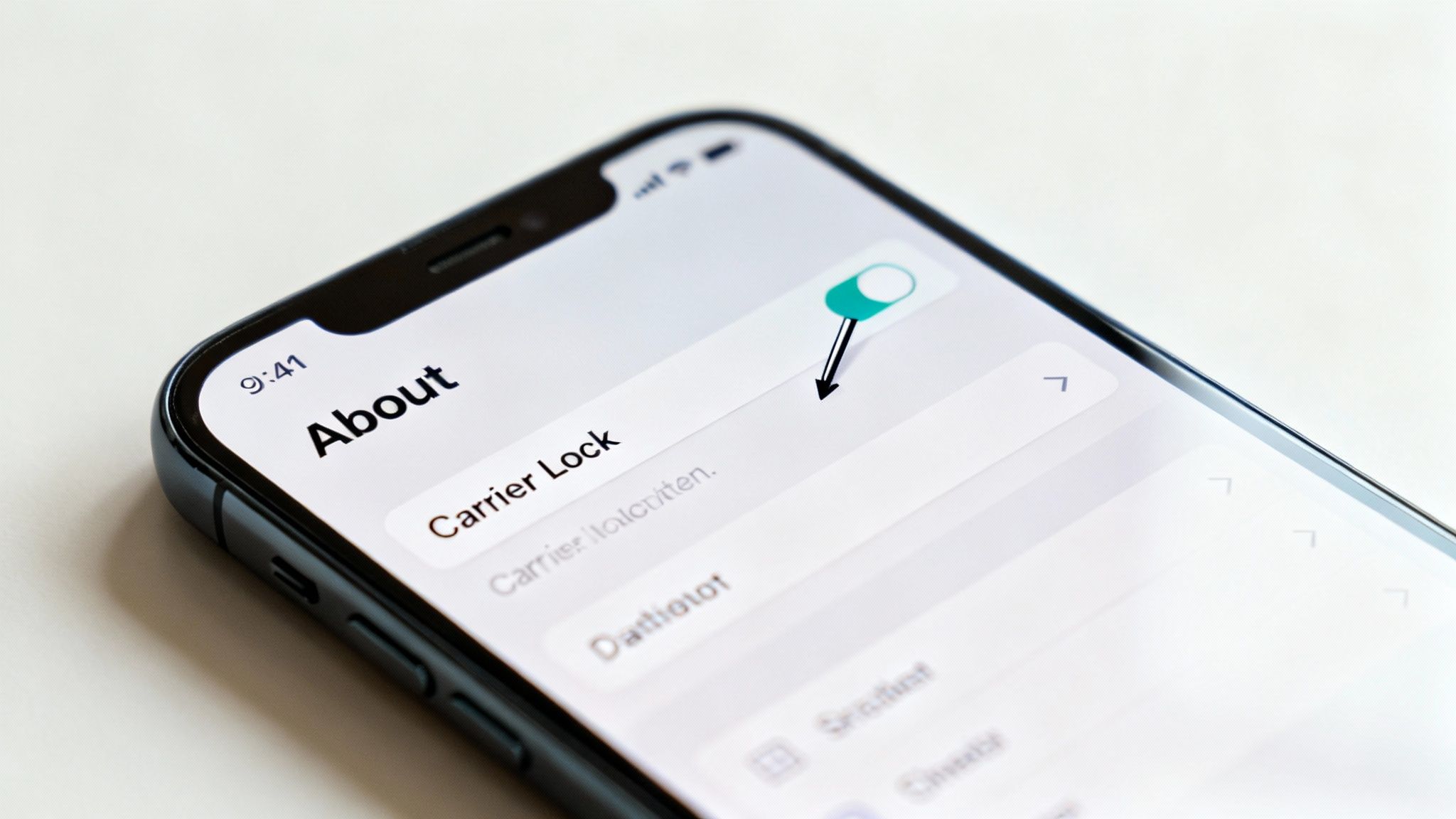 Screenshot from an iPhone showing the 'Carrier Lock' status as 'No SIM restrictions'.