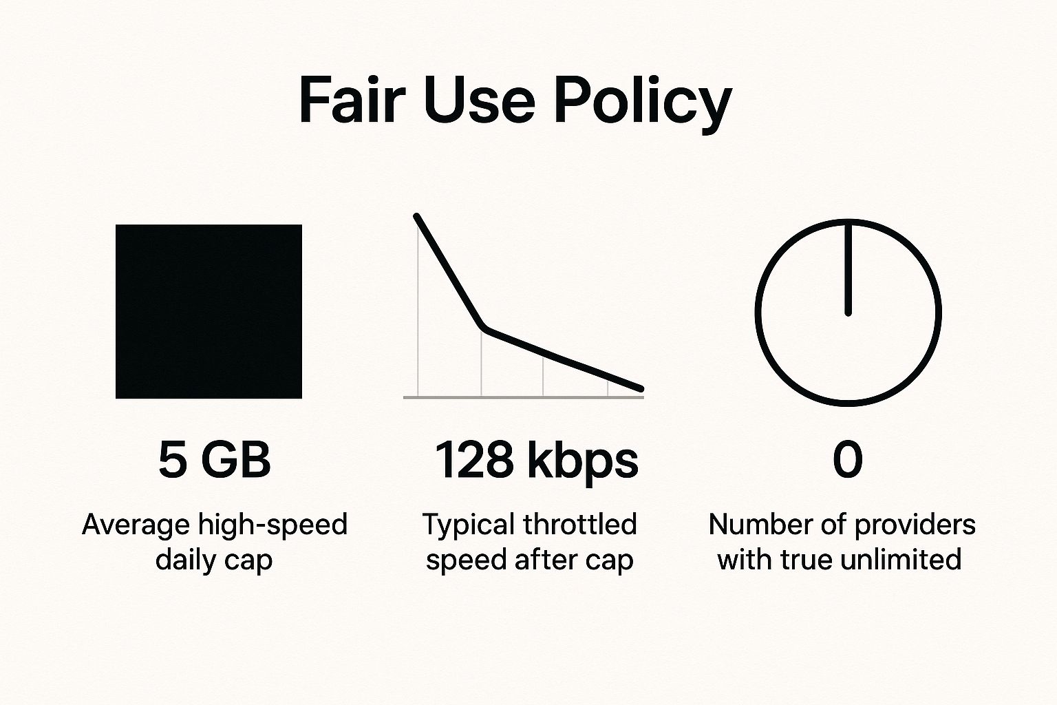 Infographic showing that the average high-speed daily cap is 5 GB, the typical throttled speed is 128 kbps, and zero providers offer true unlimited data.