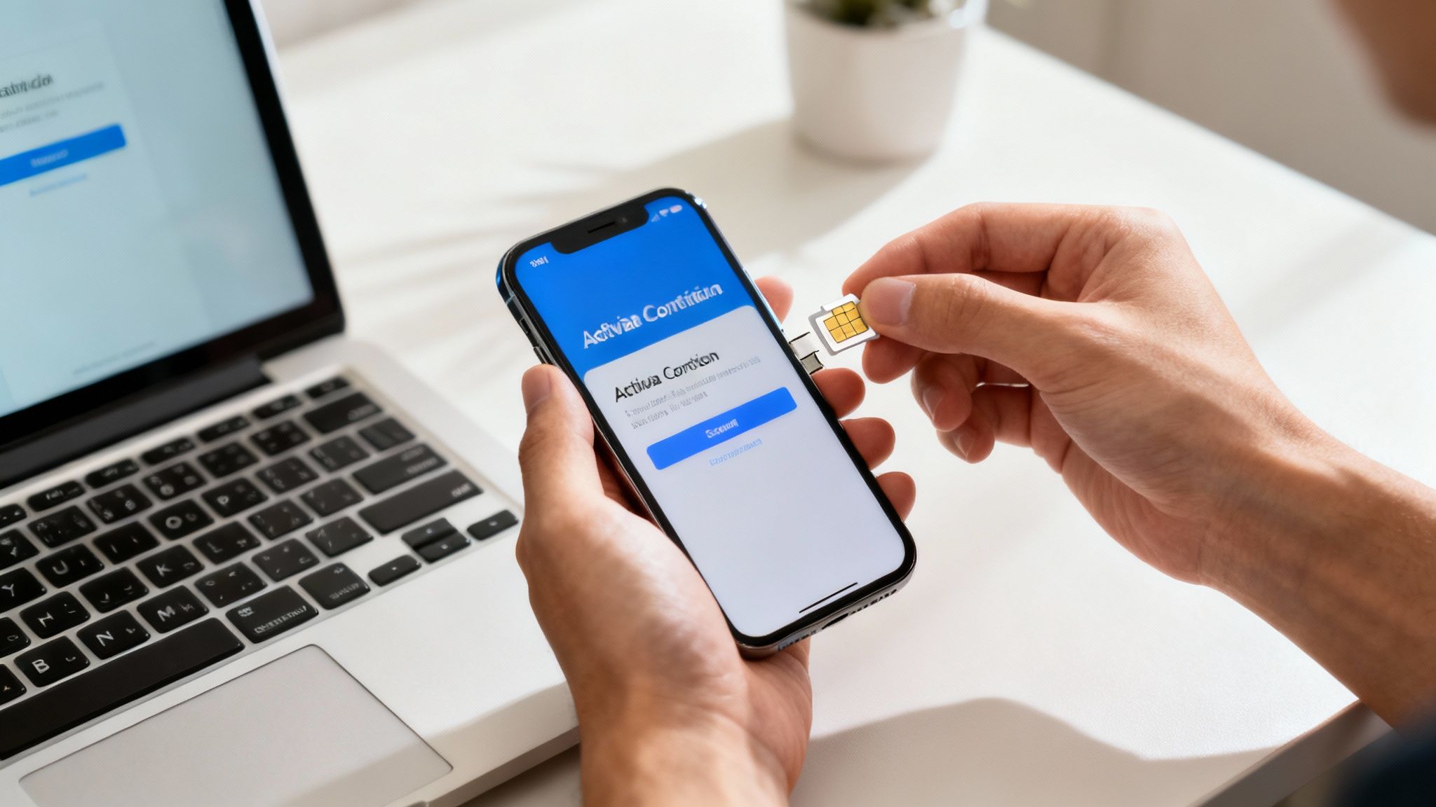 A person inserting a prepaid UK SIM card into their smartphone.