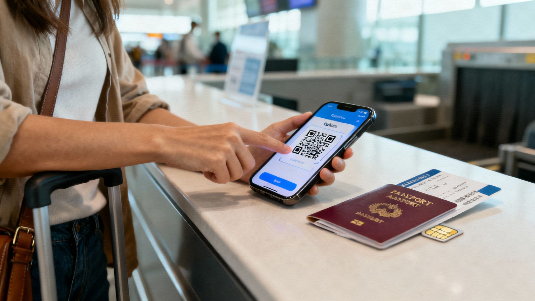 A traveller activating their eSIM by scanning a QR code on their phone in an airport.