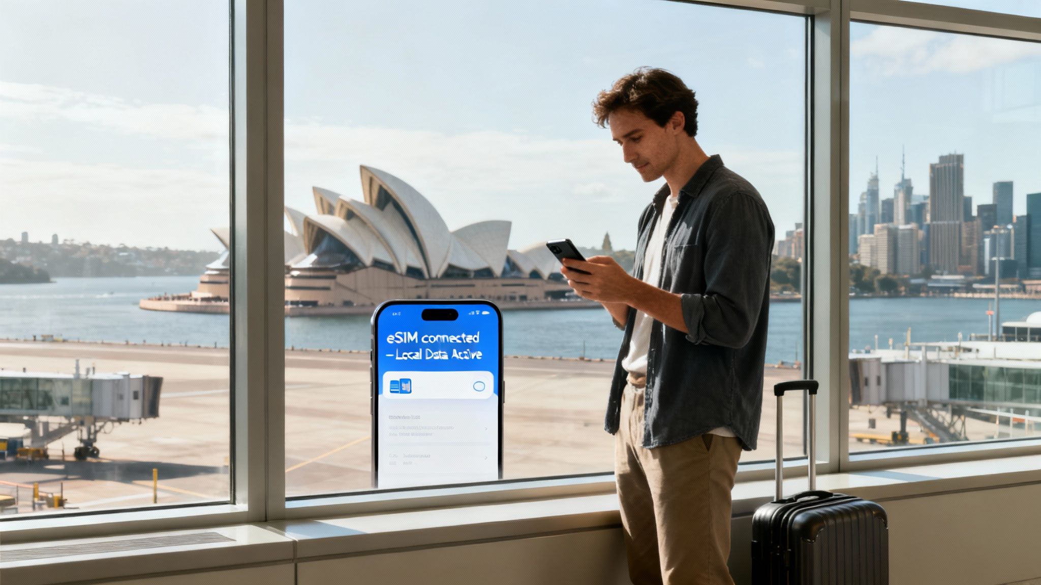 A traveller using their phone with Sydney Opera House in the background.