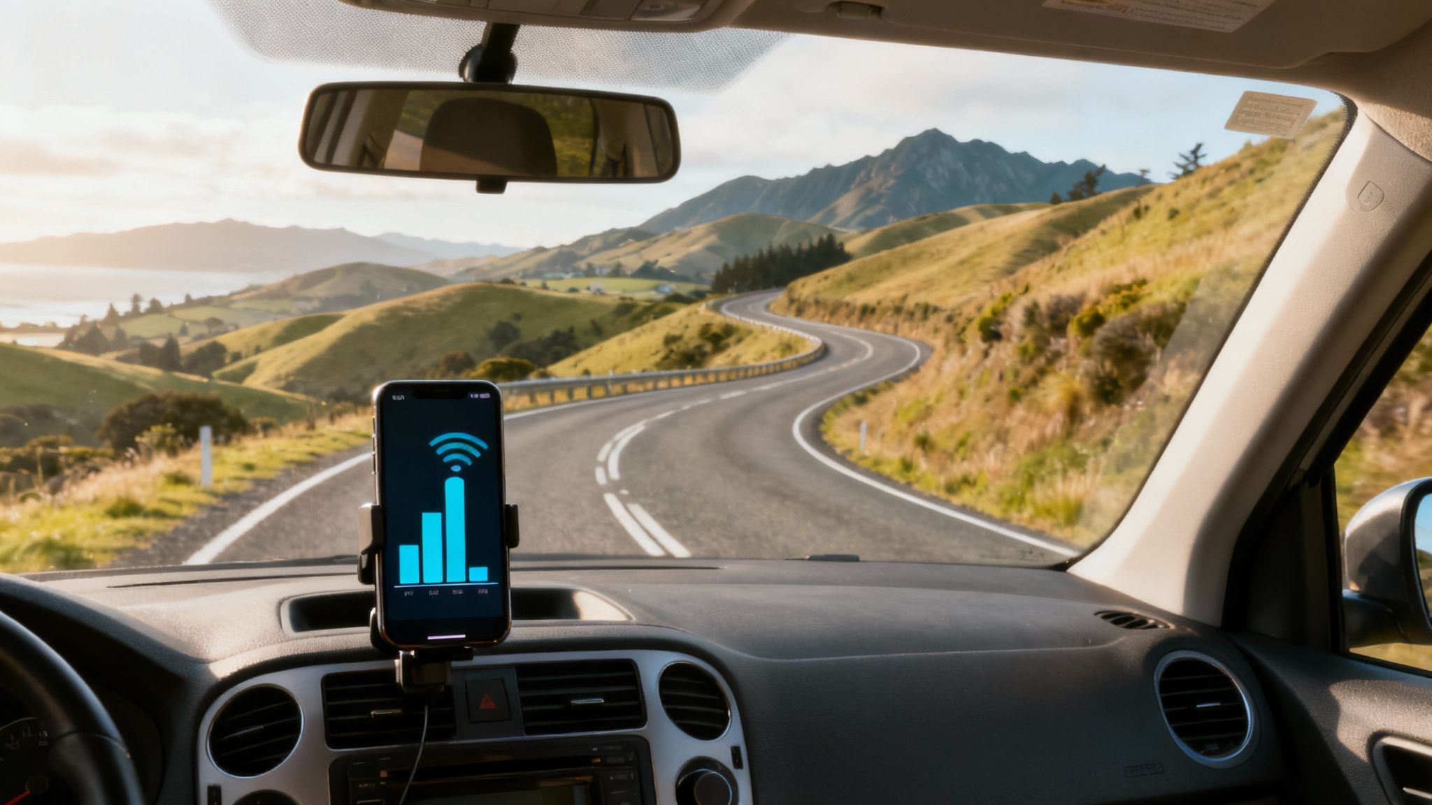 A car driving on a scenic road in New Zealand with mountains and a clear sky in the background.