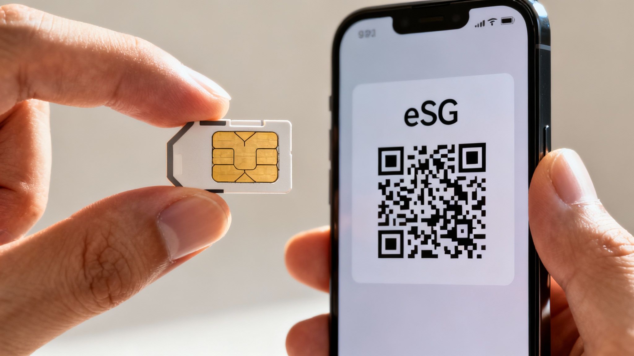 A smartphone screen displaying a QR code for an eSIM next to a traditional physical SIM card.
