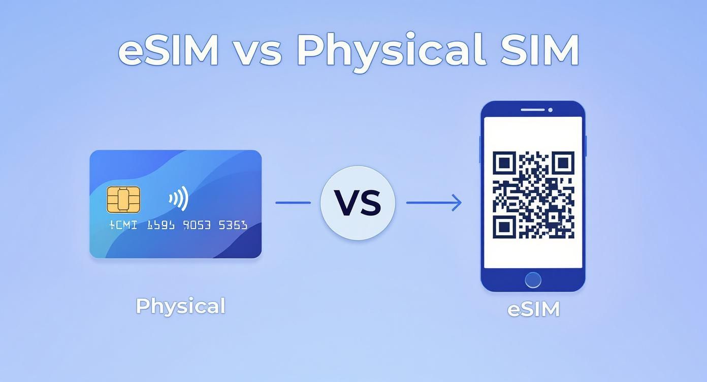 Infographic comparing the activation process of a physical SIM card versus an eSIM.