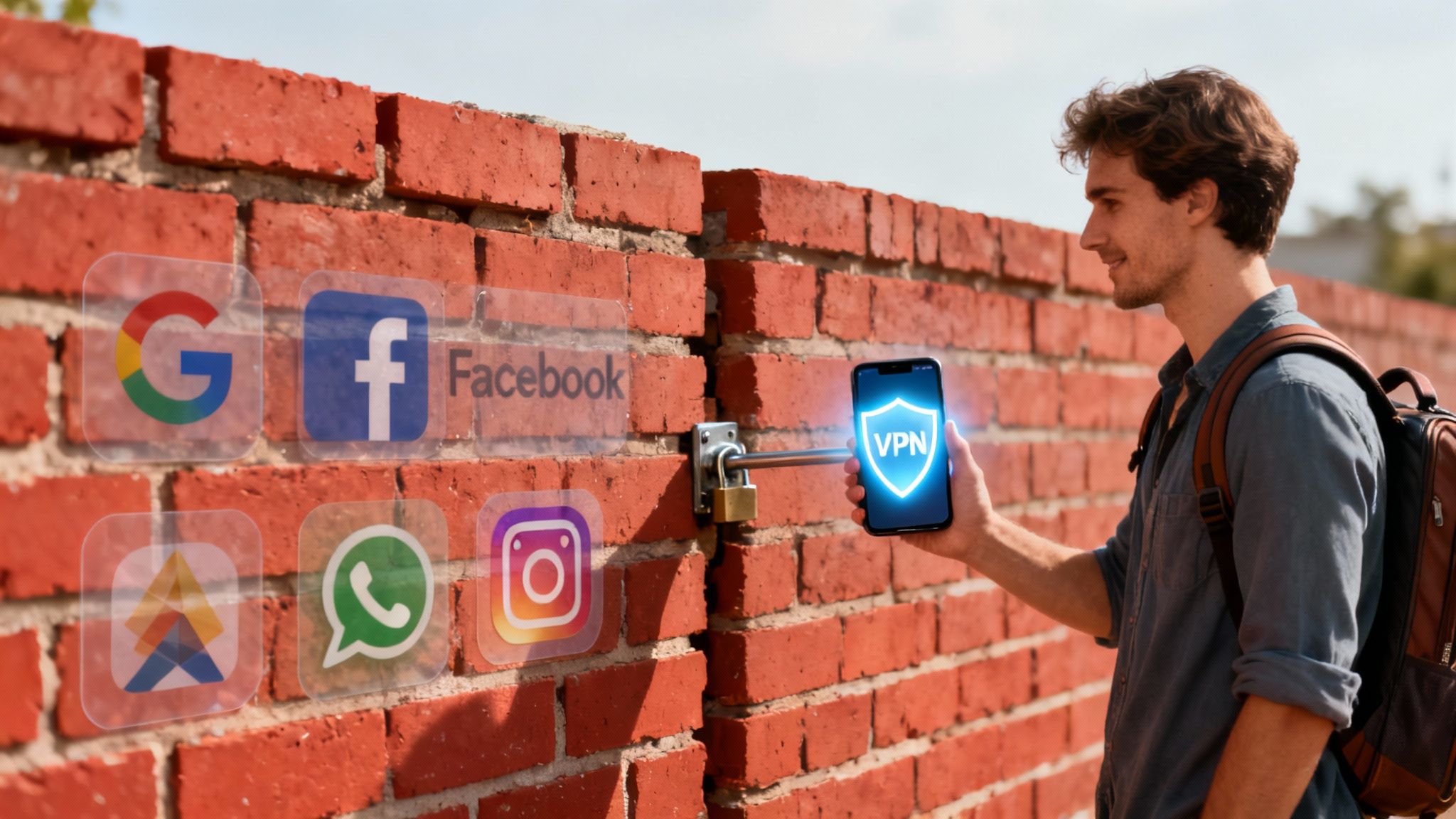 A stylized image representing a digital firewall with popular app icons locked behind it.