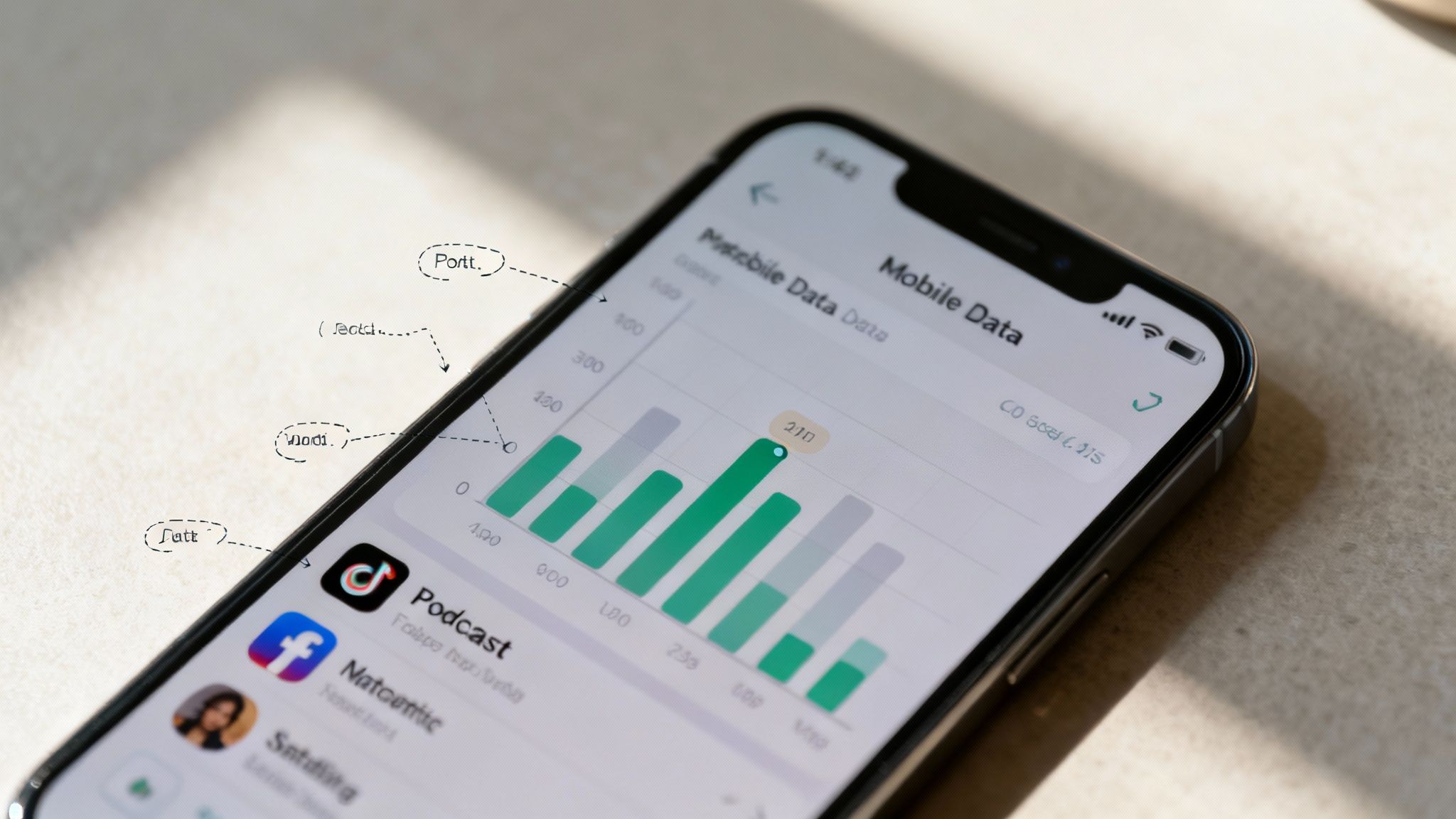 An iPhone screen displaying the Mobile Data settings page, showing the list of apps and their data consumption.