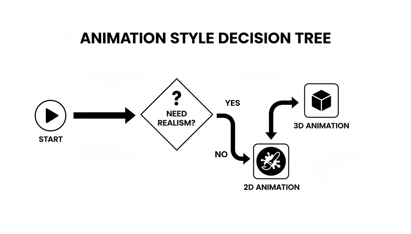 A flowchart for choosing animation styles, starting with a realism question leading to 2D or 3D.