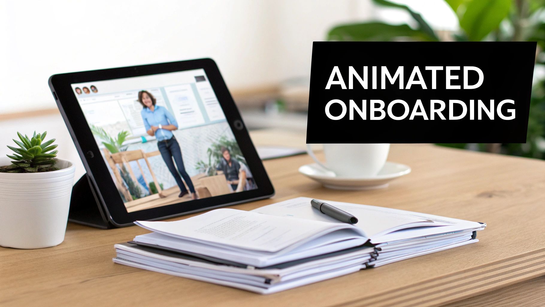 A workspace with a tablet showing an online presentation about 'Animated Onboarding' for training.