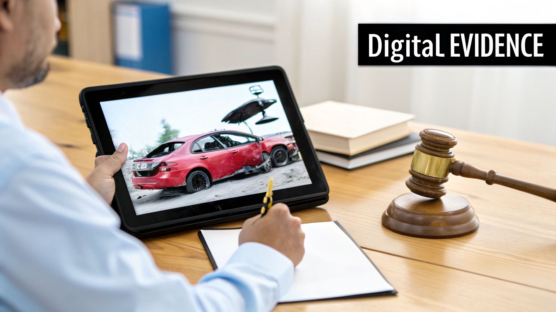 A person reviews digital evidence of a car accident on a tablet, with a gavel and books.