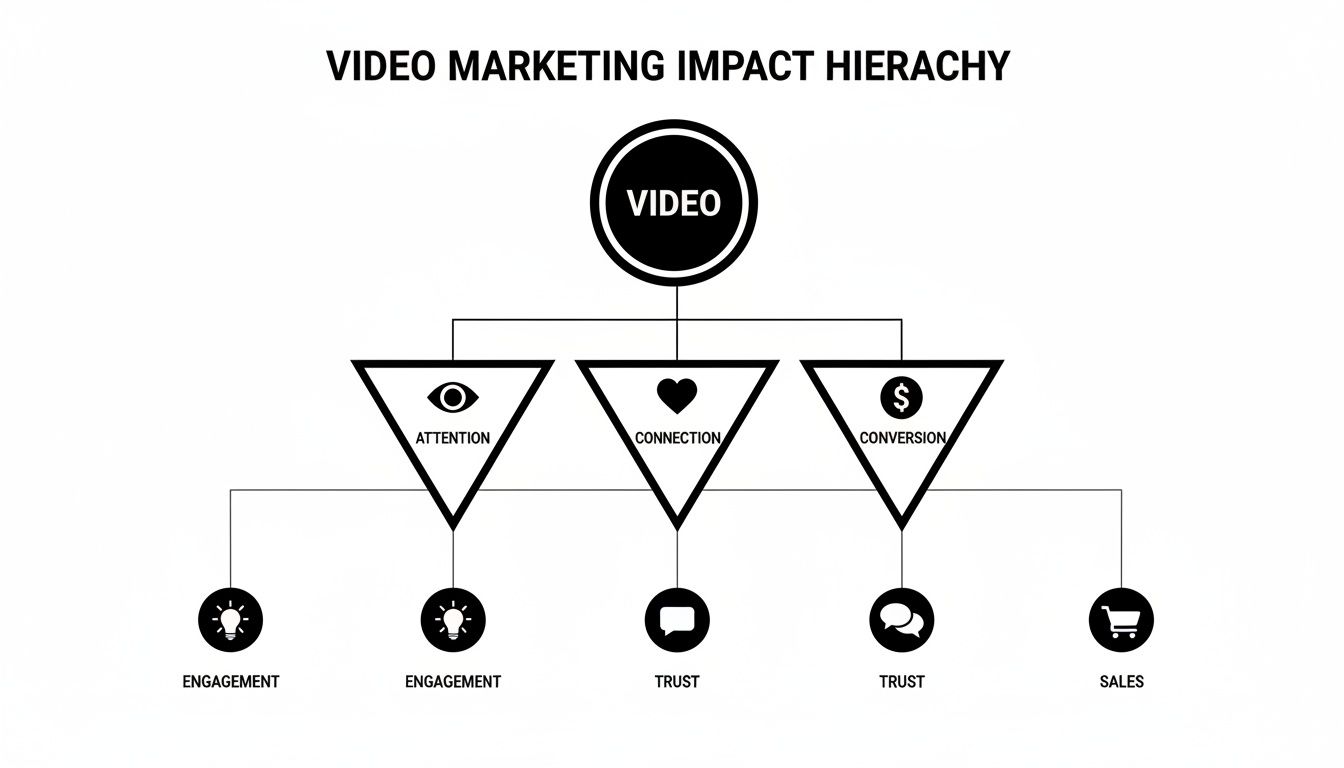 A hierarchical diagram showing video marketing's impact, from attention and connection to engagement, trust, and sales.