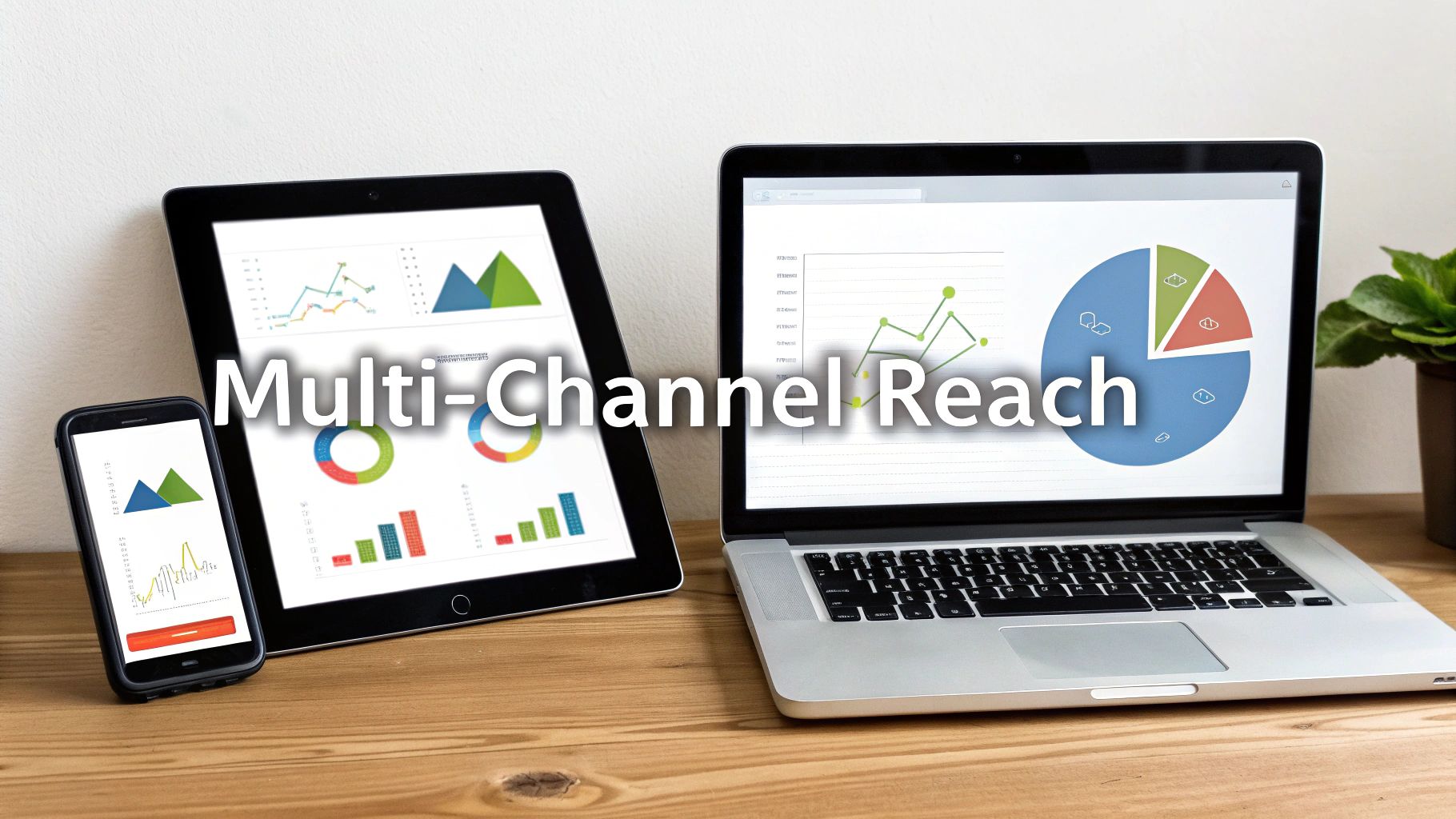 A smartphone, tablet, and laptop display various data charts and graphs on a wooden desk.