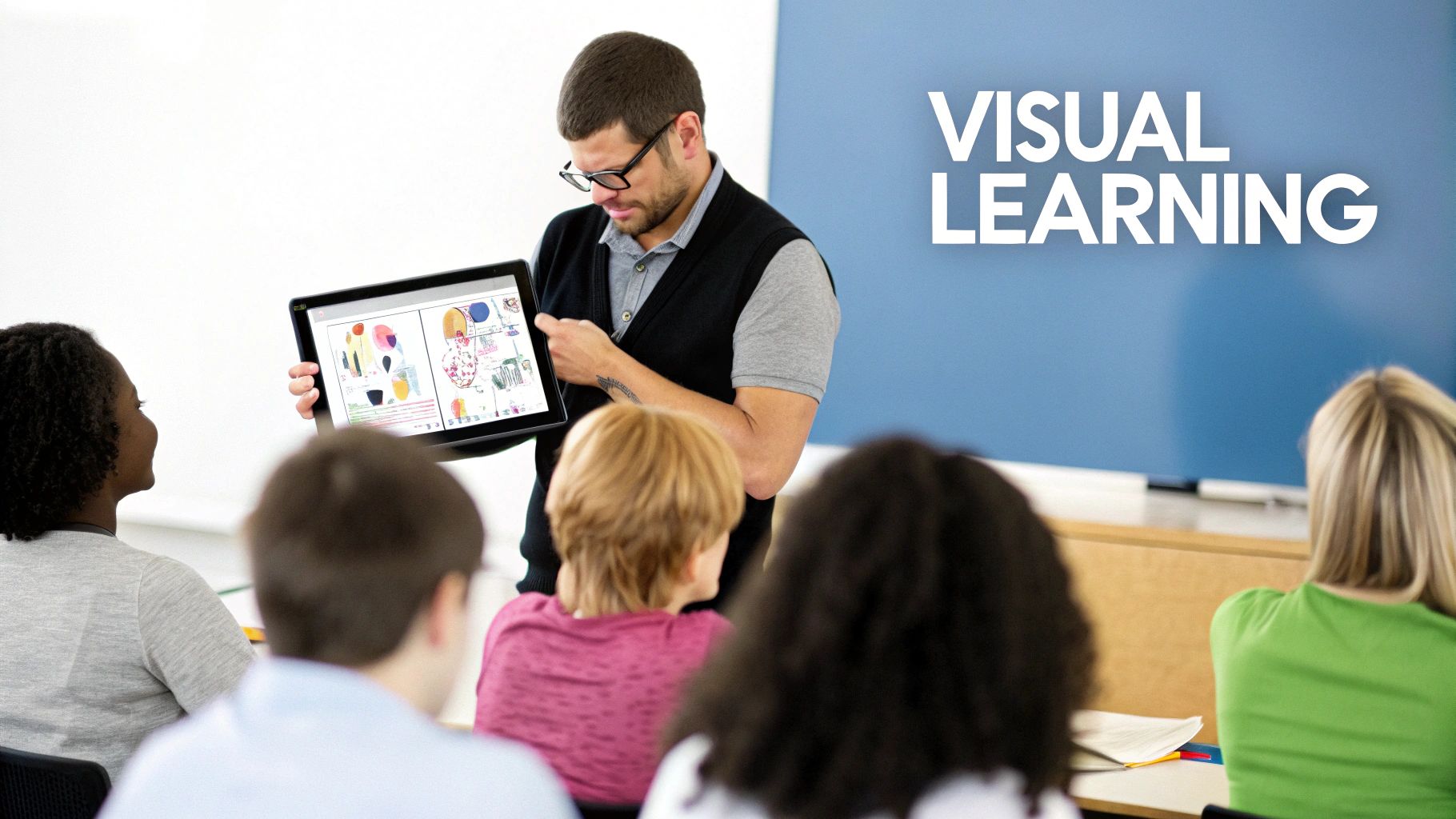 A teacher displays visual learning content on a tablet to students in a bright classroom.