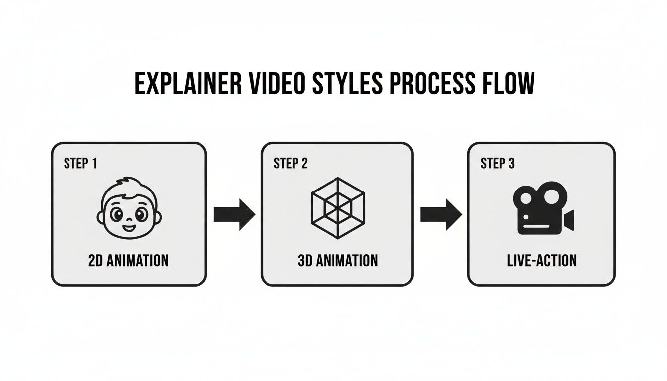 Process flow diagram showing three explainer video styles: 2D animation, 3D animation, and live-action.