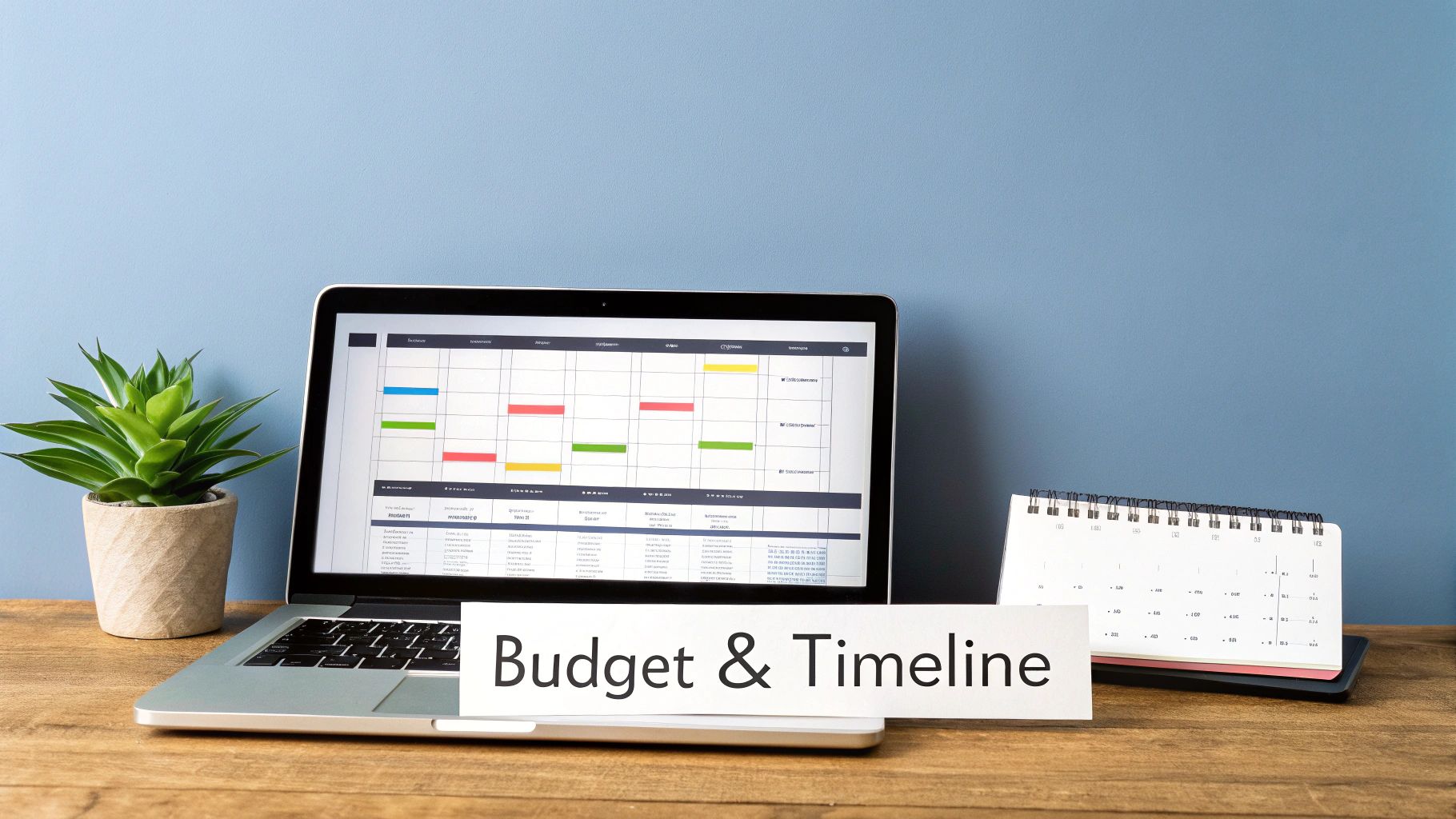 A laptop displays a budget and timeline schedule, next to a plant and a desk calendar.